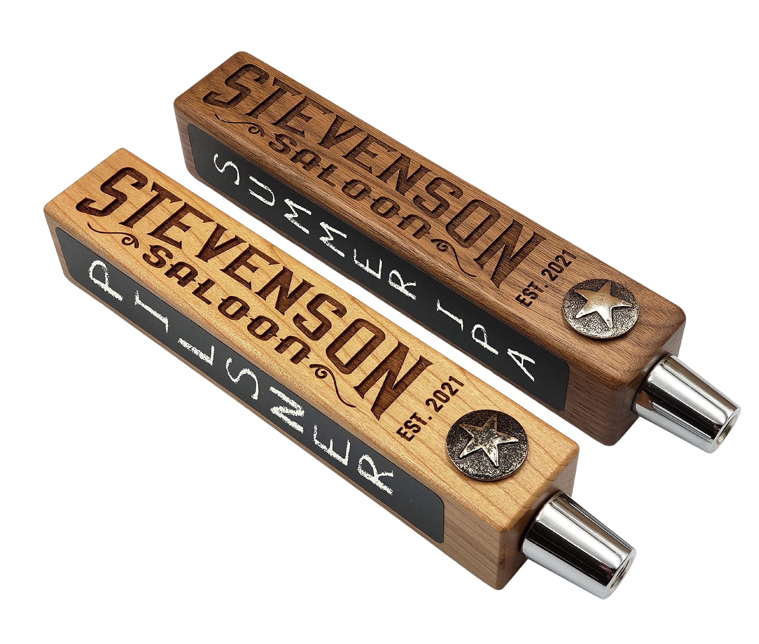 Personalized Beer Tap Handle with Laser Engraving & Chalkboard - Cherry Wood Star Edition | Custom Home Bar Accessory for Parties & Man Cave Decor