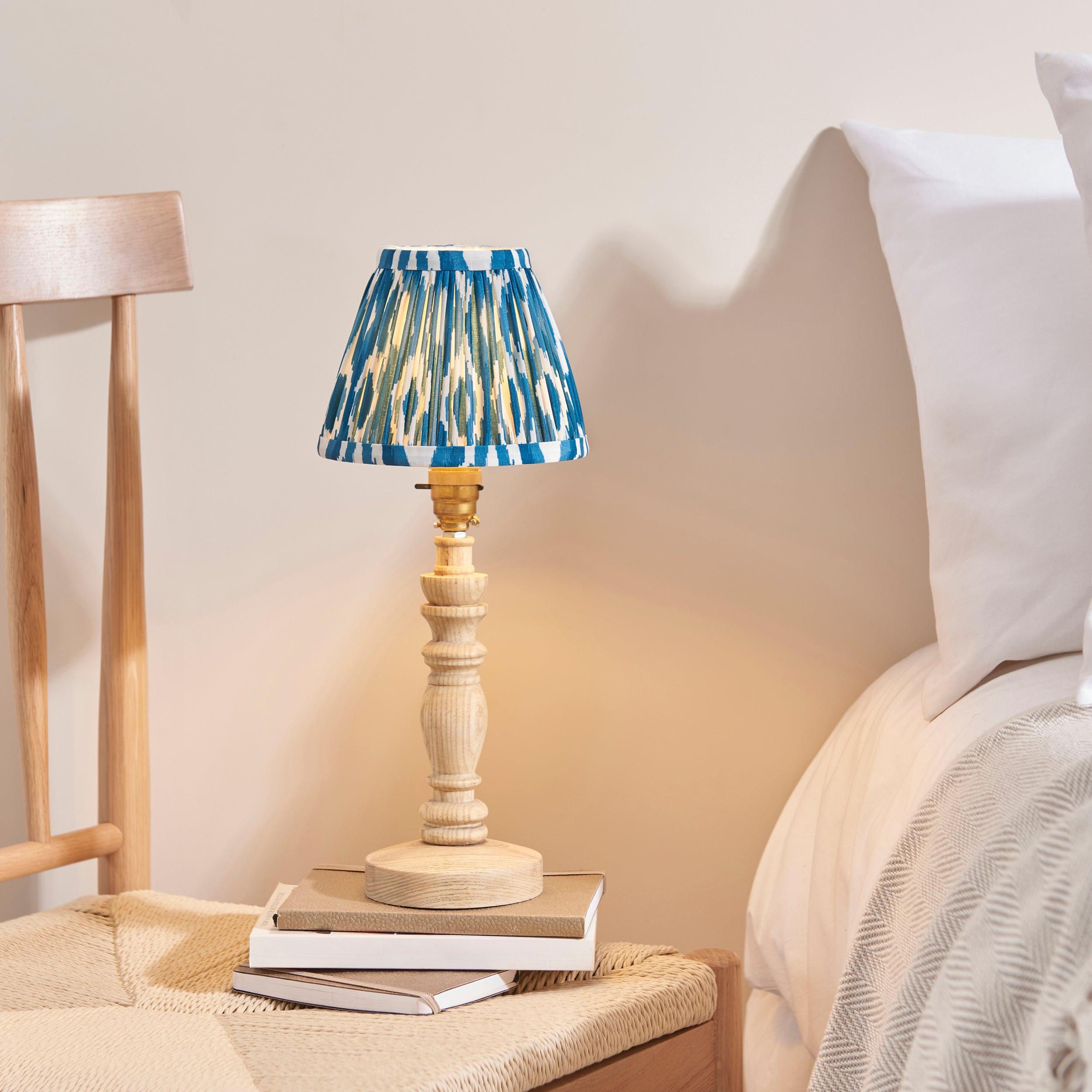 Bibury Wooden Table Lamp with Ikat 16cm Marlin Blue Shade - Elegant Home Office Lighting for Bedroom, Living Room & Study