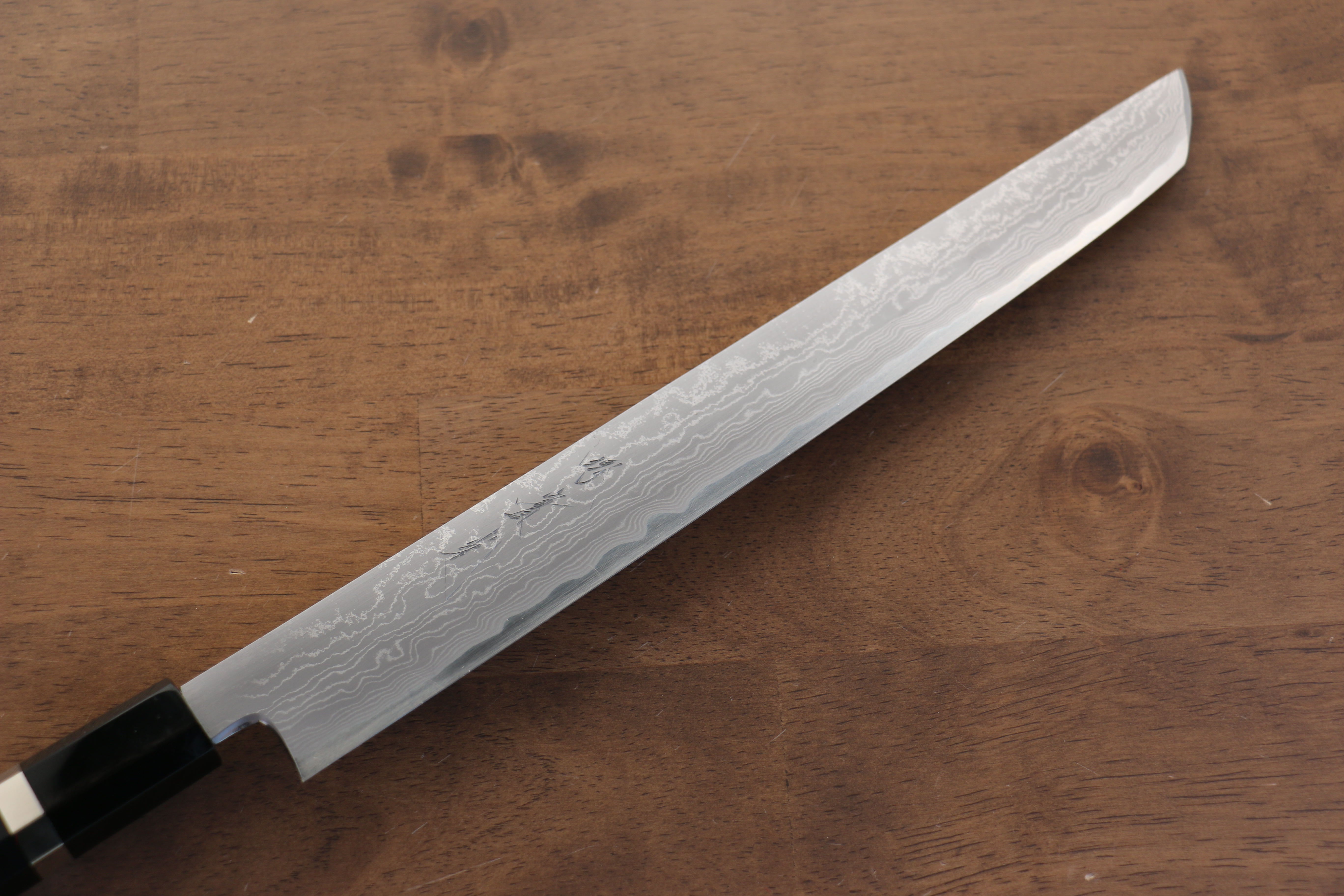 Premium Jikko Blue Steel Damascus Sakimaru Sujihiki Knife 270mm - Handcrafted Japanese Chef Knife with Ebony Wood & Double Ring Handle - Perfect for Slicing Sashimi, Meat, and Precision Cutting