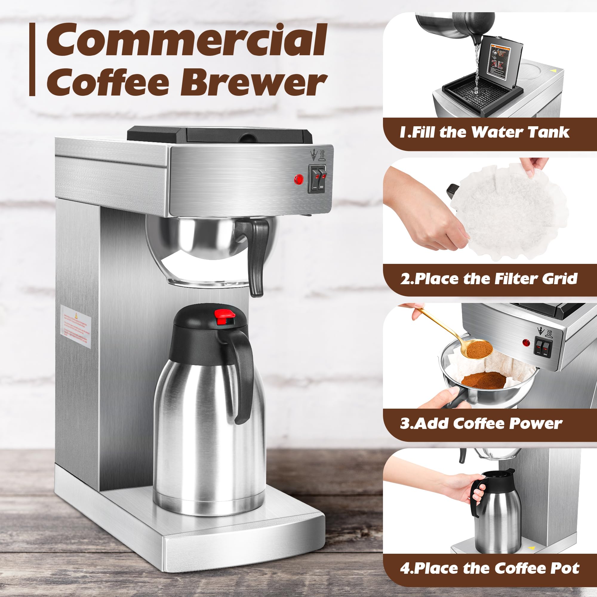 YBSVO Commercial Coffee Maker Brewer Machine (CMA-200-C) - Heavy Duty 12 Cup Coffee Machine for Restaurants, Offices & Cafes - Fast Brewing with Stainless Steel Carafe