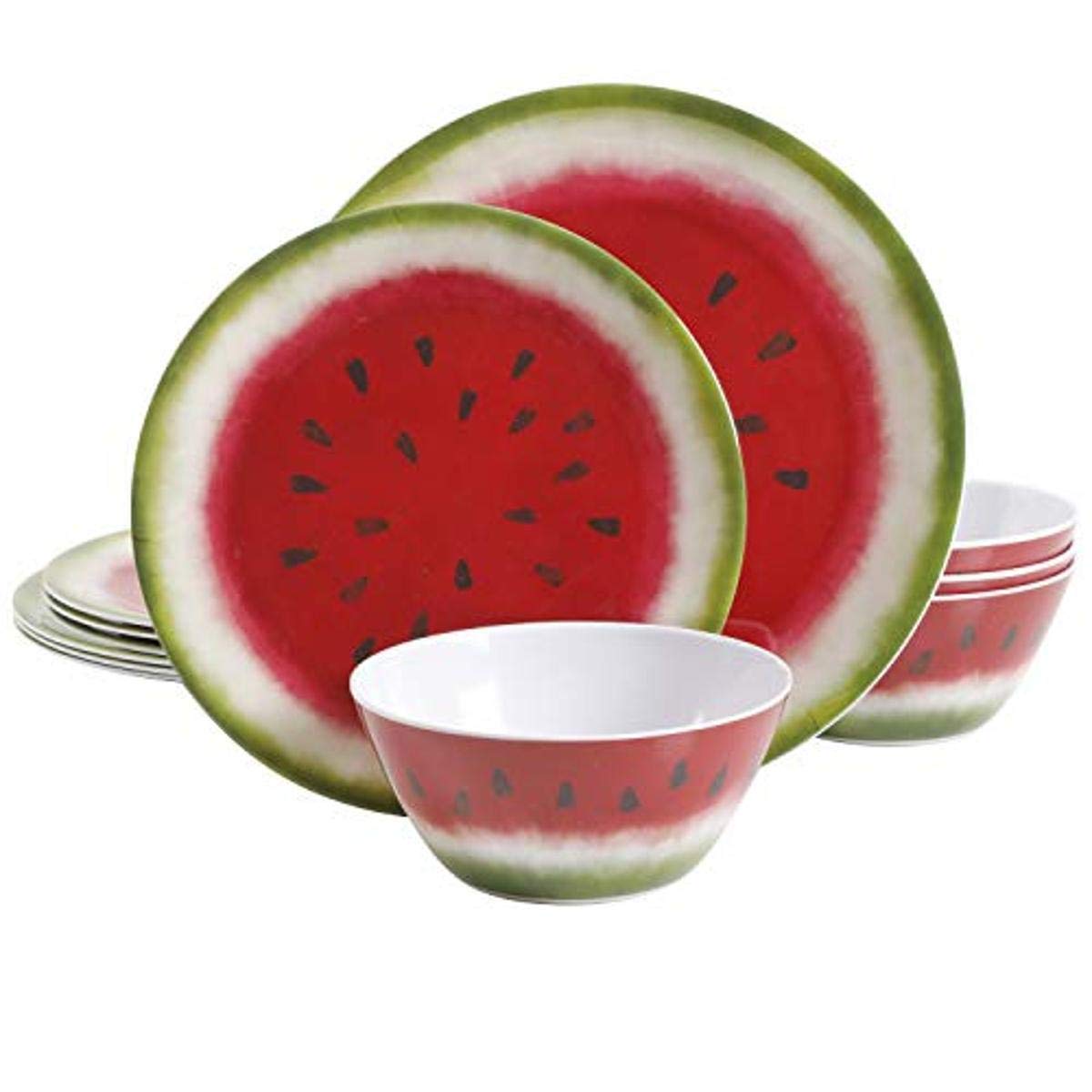 Gibson Home Melony 12-Piece Round Melamine Dinnerware Set for 4 - Durable & Lightweight Red Plates, Bowls & Mugs - Perfect for Outdoor Dining, Picnics & Everyday Use