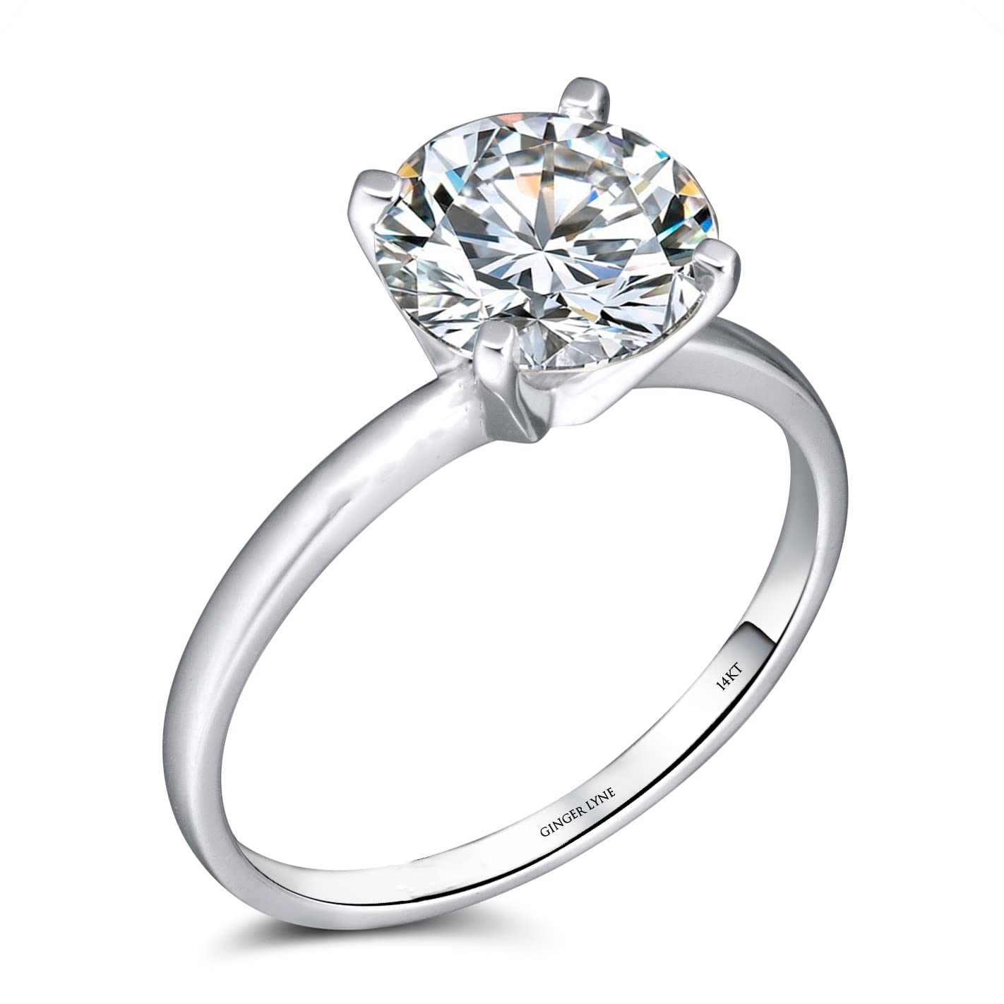 Ginger Lyne 3 Carat Moissanite Solitaire Engagement Ring for Women - White Gold over Sterling Silver, Diamond Alternative Wedding Band - Perfect for Proposals, Anniversaries & Bridal Gifts