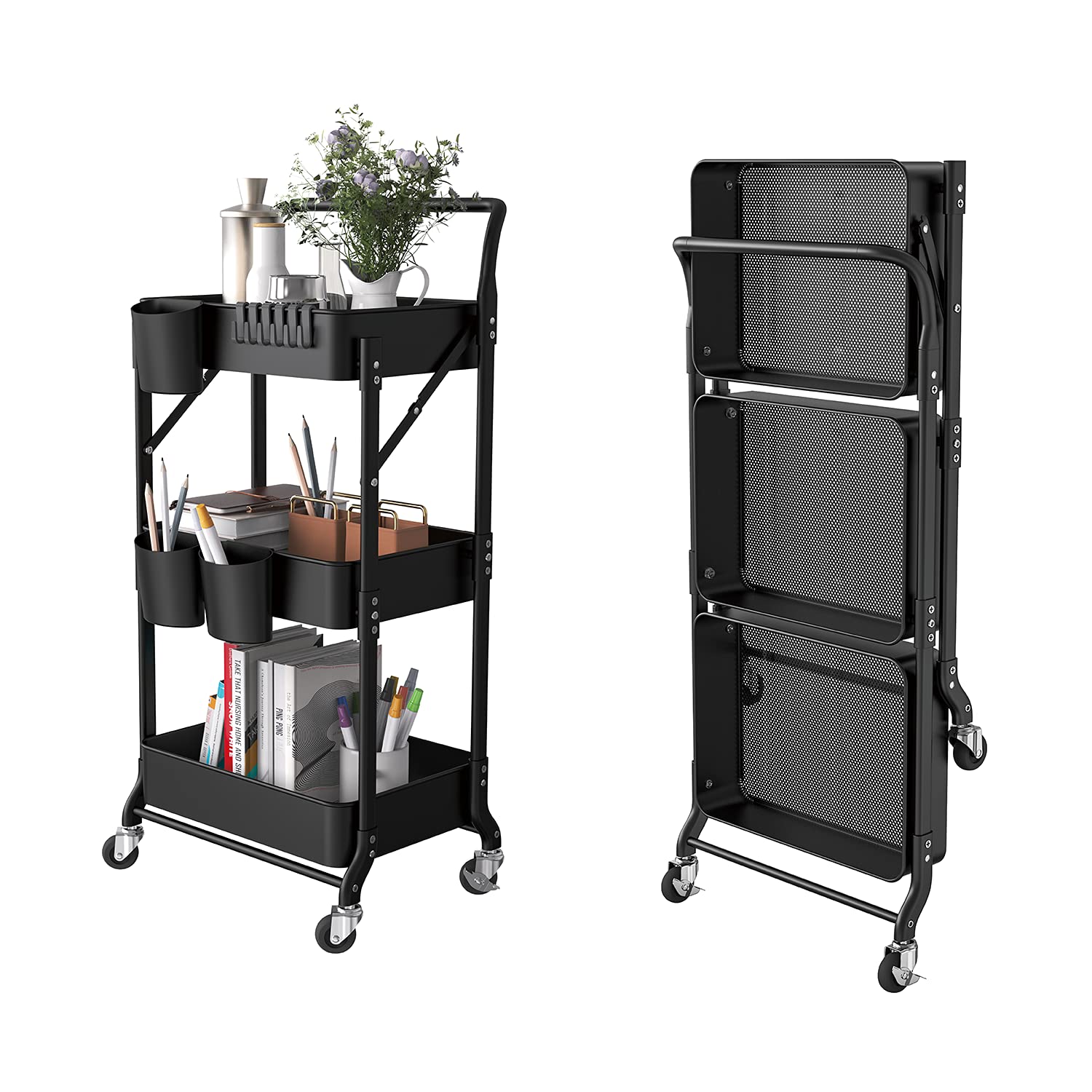 DTK 3-Tier Foldable Metal Rolling Cart with Wheels & Handle - 3 Hanging Cups & 6 Hooks Storage Organizer - Collapsible Utility Cart for Kitchen, Bathroom, Office (Black) | Perfect for Organizing Spices, Toiletries, or Office Supplies