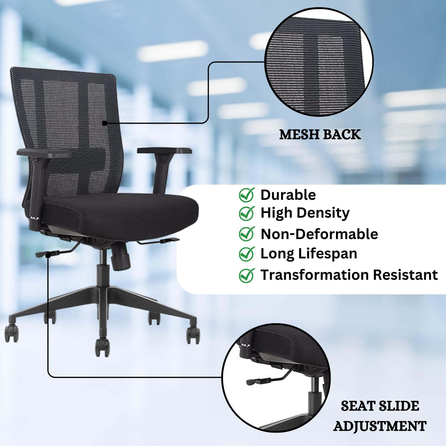 Ergonomic Office Chair with Breathable Mesh Back - Adjustable Height & Lumbar Support for Home & Office Use (Black) - Perfect for Long Hours of Sitting, Gaming, or Working from Home