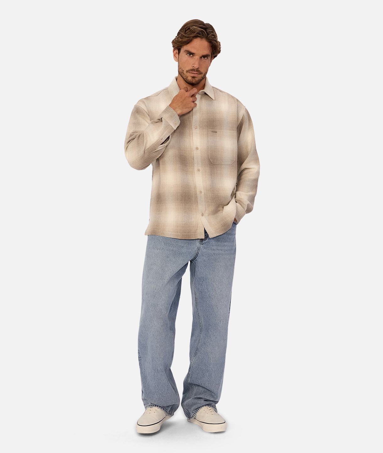 Highland Long Sleeve Shirt for Men - Soft Taupe & Brown Plaid Flannel Shirt | Warm Casual Button Up Shirt for Outdoor Activities, Camping & Fall Fashion