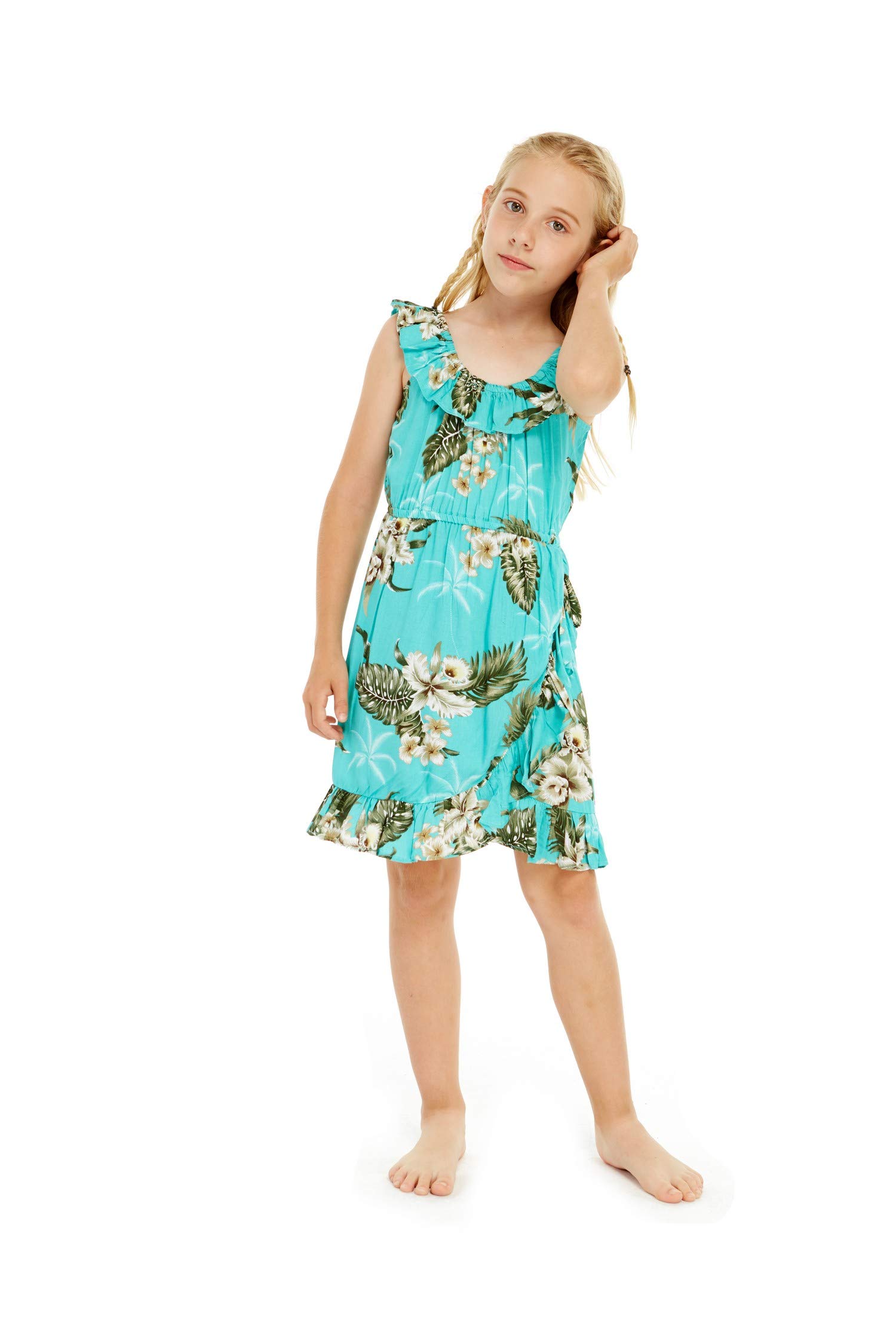 Girl's Green Palm Print Ruffle Wrap Hawaiian Luau Dress - Perfect for Beach Parties, Tropical Vacations & Summer Celebrations