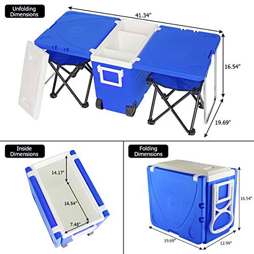 Insulated Rolling Cooler with Table & 2 Foldable Camping Chairs - Portable Beverage Cooler for Picnics, Camping, Fishing, Tailgating & Outdoor Adventures (Blue)