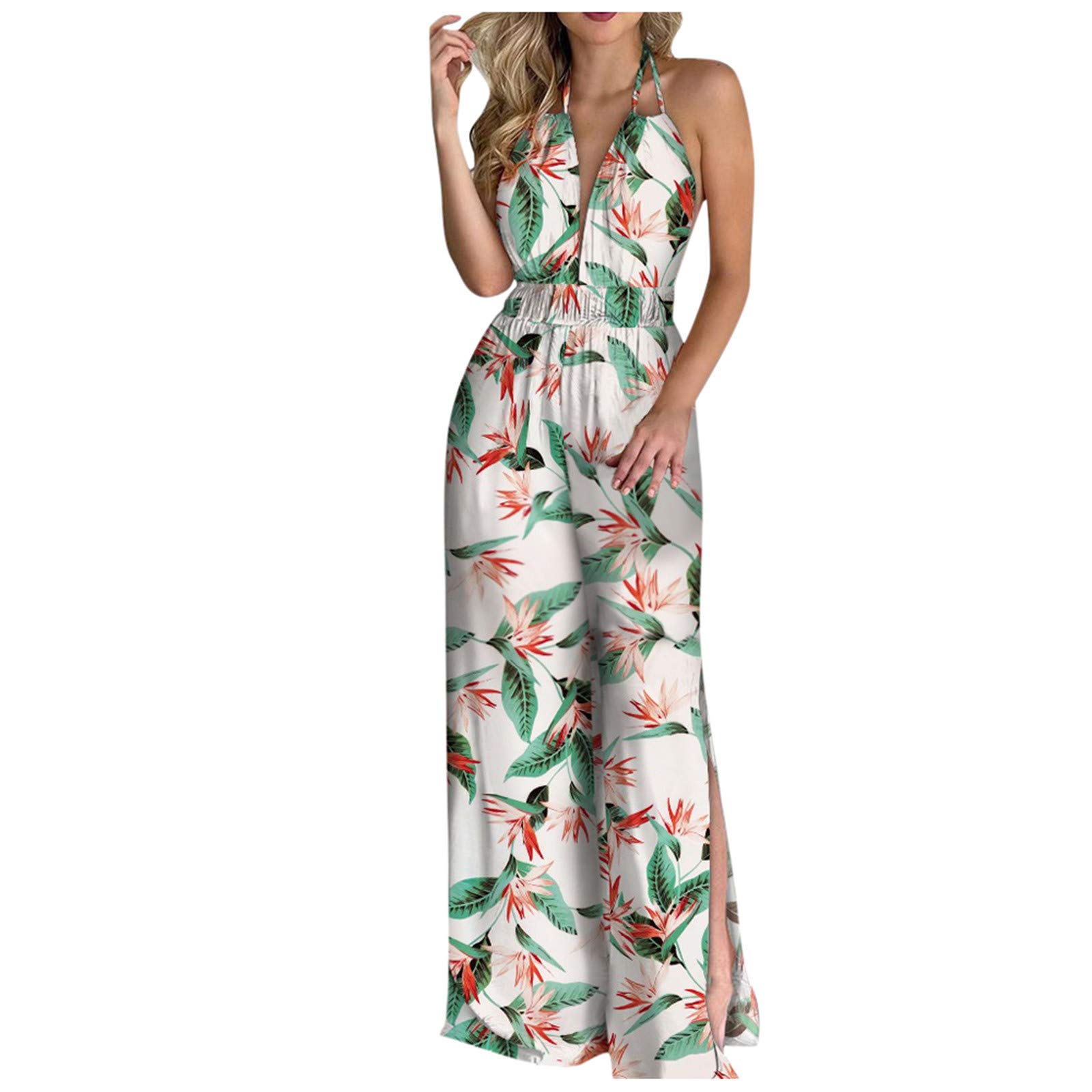 Floral Print Backless Halter Jumpsuit for Women - Plus Size Summer Romper with High Slit & Strappy Design | Perfect for Beach Vacations, Pool Parties & Date Nights