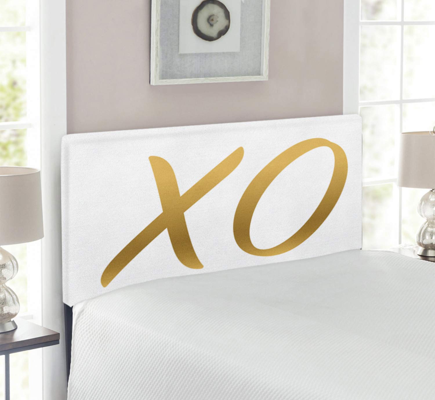 Ambesonne Xo Headboard - Upholstered Decorative Metal Bed Frame with Memory Foam, Twin Size in Sand Brown & White | Love & Friendship Letter Design for Romantic Bedroom Decor | Perfect for Guest Rooms, Dorms & Master Bedrooms