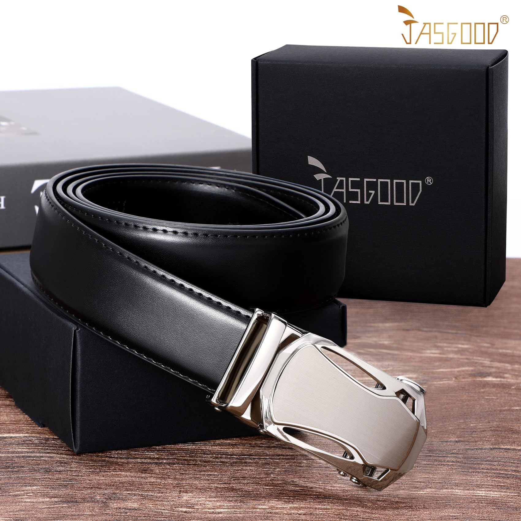 JASGOOR Men's Ratchet Leather Belt - Adjustable Automatic Slide Buckle for Dress & Casual Wear | Comfortable & Trim Fit for Office, Business, Travel & Everyday Use