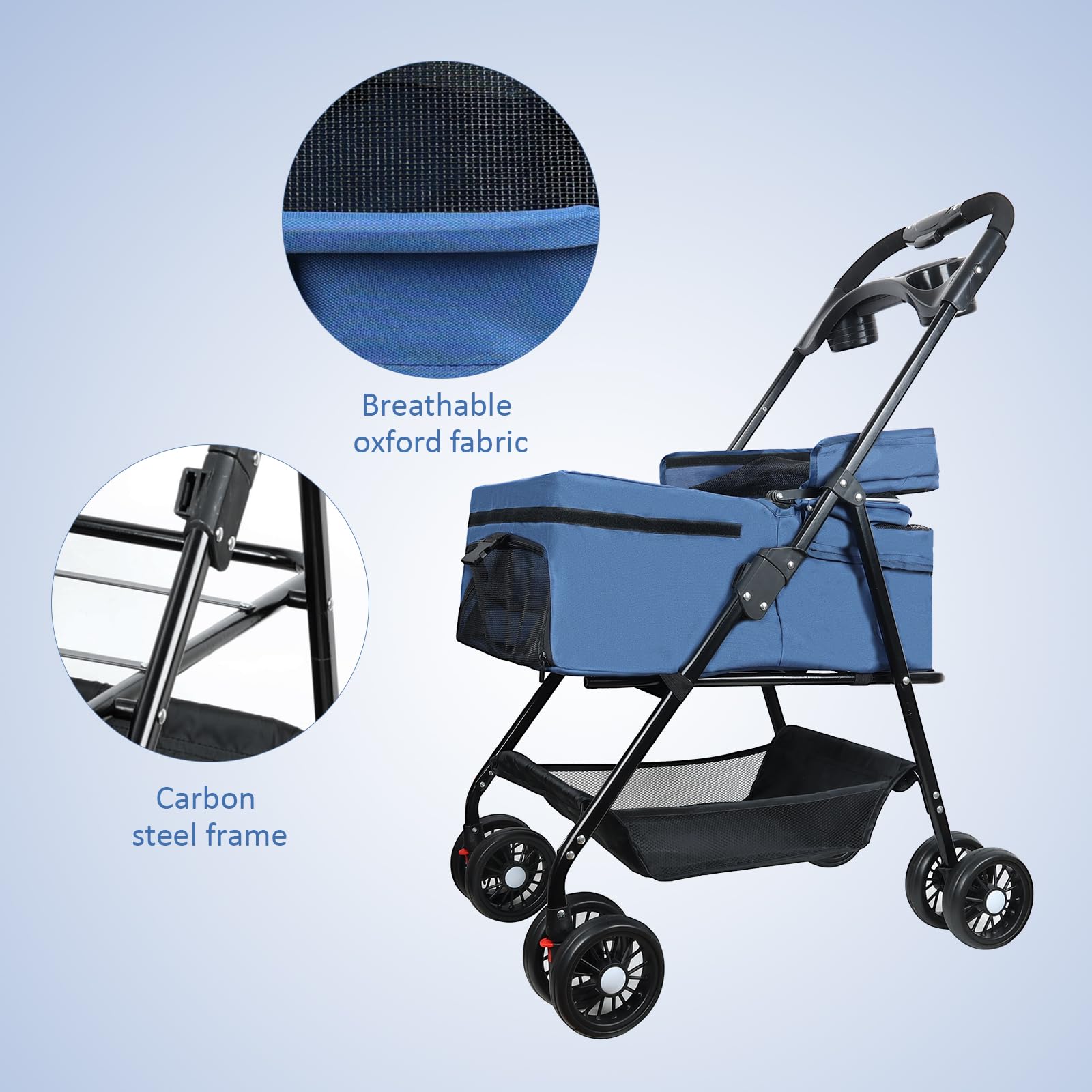 Premium 4-Wheel Pet Stroller for Small & Medium Dogs & Cats Up to 30lbs - Foldable Design with Storage Basket & Cup Holder (Blue) - Perfect for Park Walks, Vet Visits & Shopping Trips