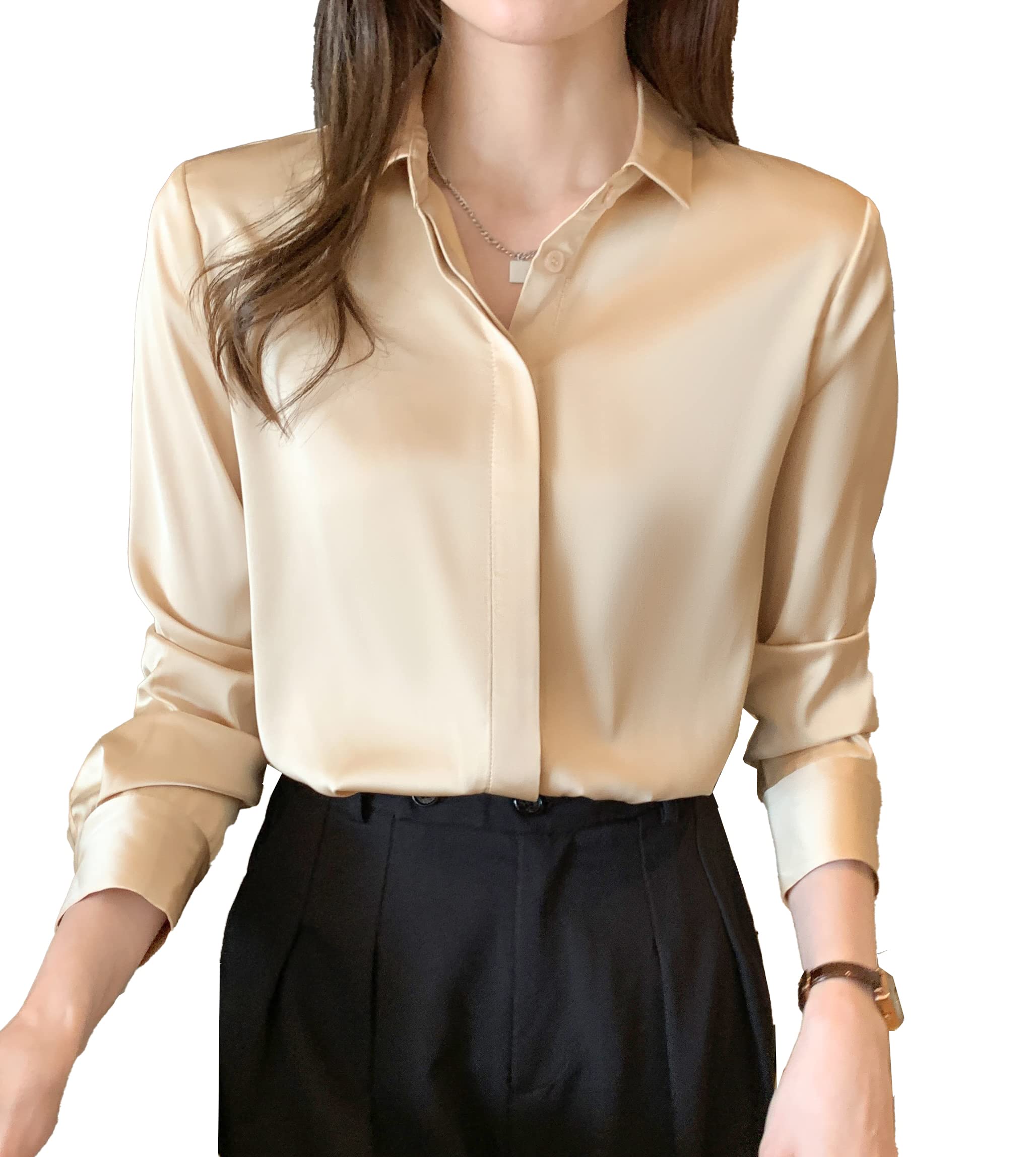 Women's Long Sleeve Satin Blouse - Elegant Button Down Shirt for Office Work & Business Casual Wear | Perfect for Professional Outfits, Meetings & Formal Occasions