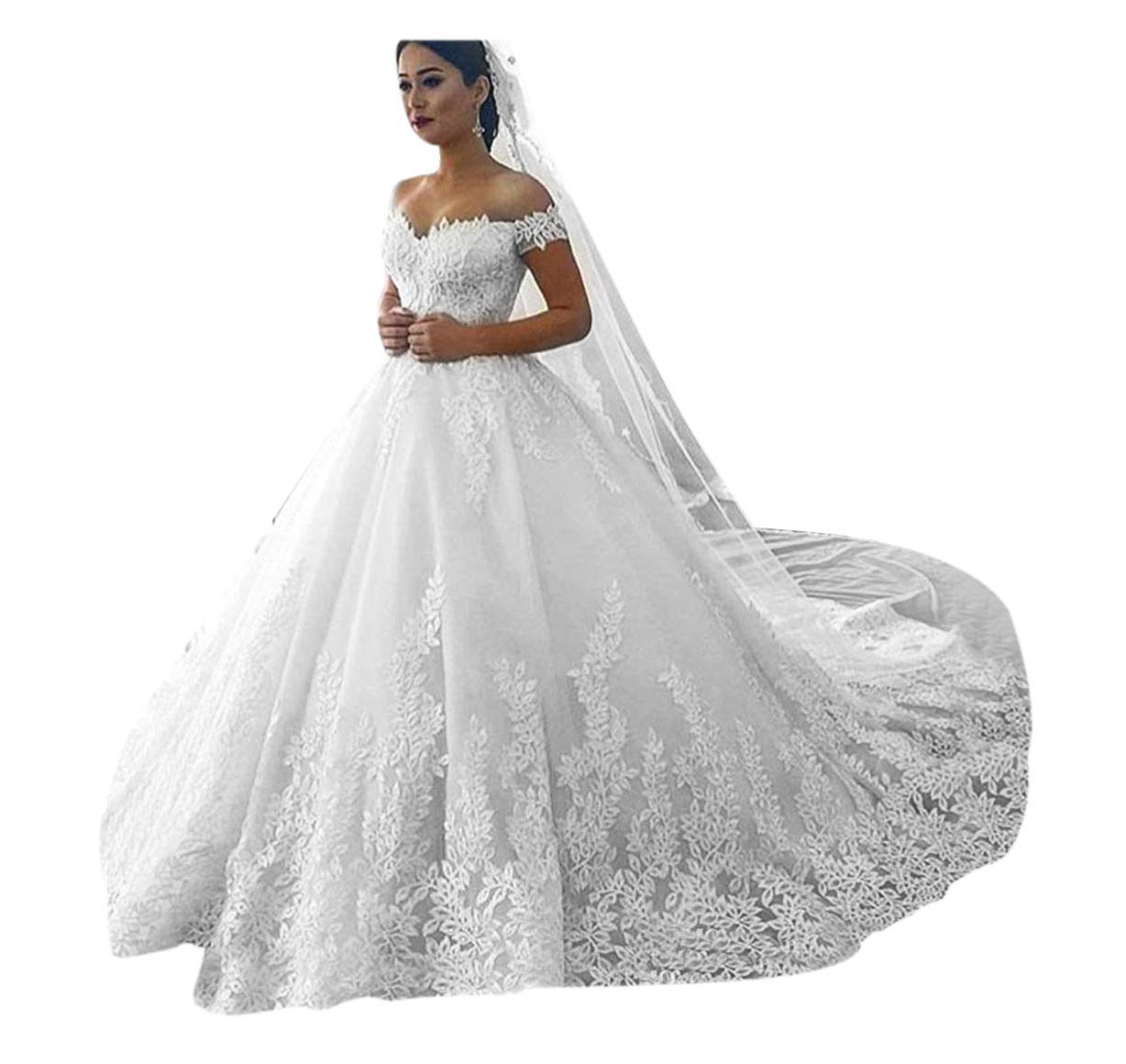 Elegant Off Shoulder Lace Wedding Dress for Bride 2024 - Princess Style Court Train Bridal Gown | Perfect for Church Ceremony, Beach Wedding & Formal Reception