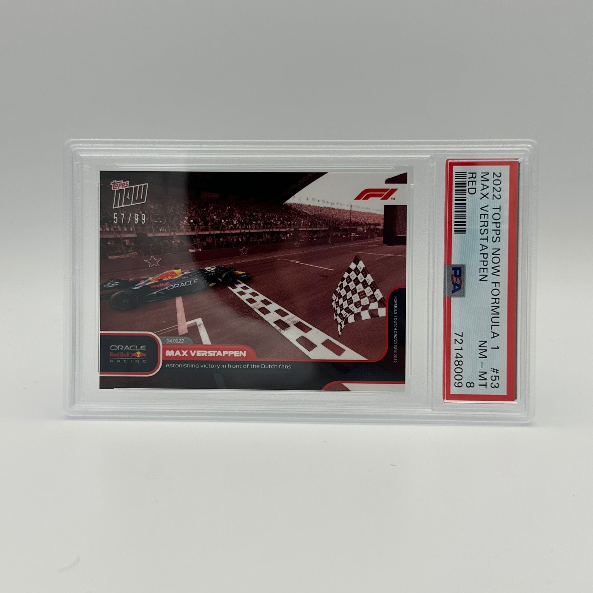PSA 8 Graded 57/99 Max Verstappen Racing Card - Astonishing Finish Dutch GP Limited Edition #53 | F1 Collectible Memorabilia for Fans & Sports Card Investors