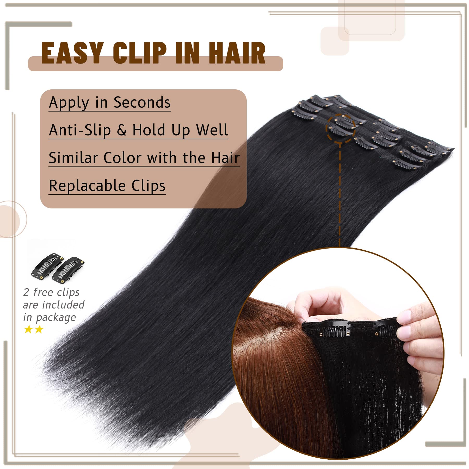 S-noilite Clip in Hair Extensions 18 Inch 8pcs - 100% Real Human Hair, Jet Black, Double Weft, Straight Style (140g) - Perfect for Volume, Length & Styling for Parties, Weddings & Daily Wear #1