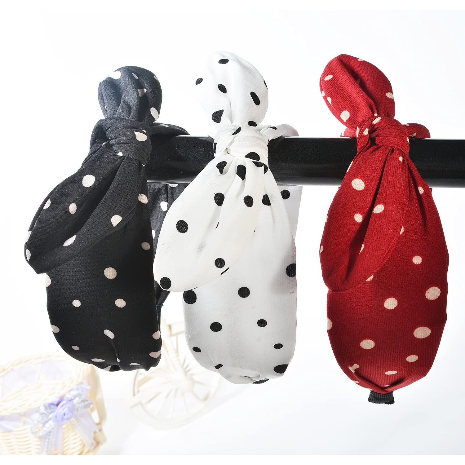 3 Pack Women's Bow Headbands - Wide Polka Dot Hair Hoops with Rabbit Ears | Fashion Hair Accessories for Everyday Wear, Parties & Photo Shoots
