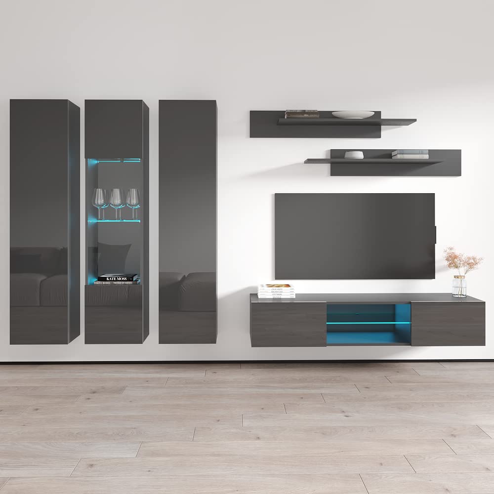 Modern Wall-Mounted TV Stand with Storage Shelves & LED Lights - Fly C 33 Entertainment Center Console for Living Room & Bedroom - Space-Saving Gray TV Cabinet (C5) - Perfect for Small Apartments, Home Theaters & Stylish Home Décor