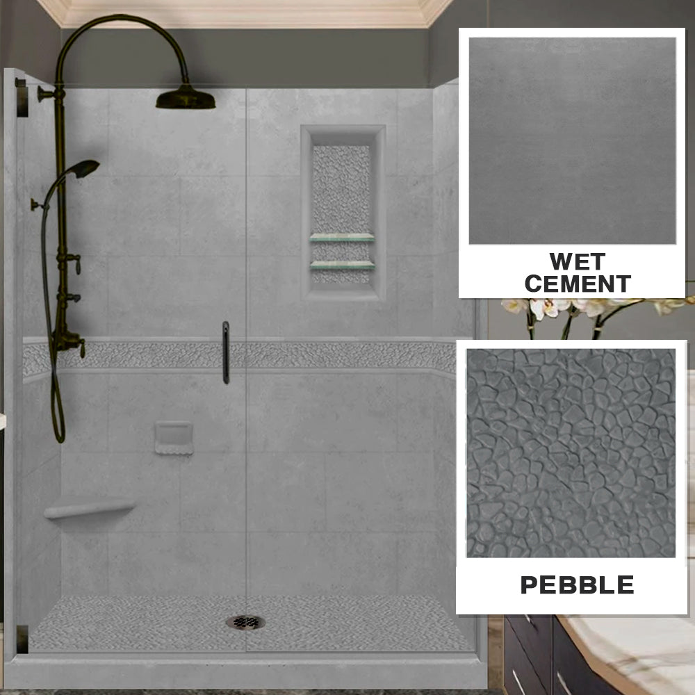 60 Alcove Wet Cement Sistine Stone & Pebble Stone Accent - DIY Shower Remodel Kit for Bathroom Renovation, Waterproof Tile Backsplash, and Modern Home Decor