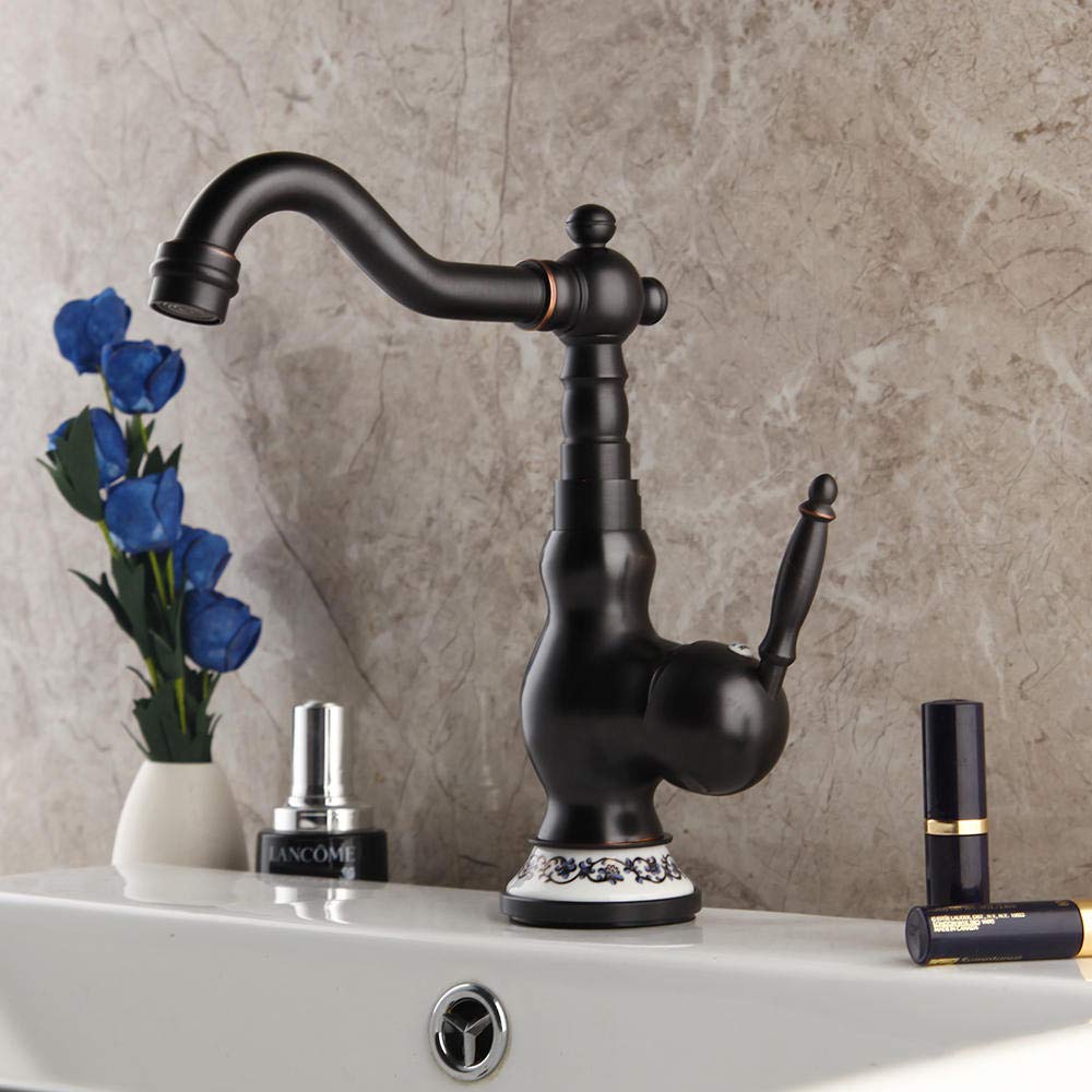 Black Iron Deck Mounted Single Handle Bathroom Sink Faucet - Hot and Cold Water Mixer Tap for Modern Basin - Perfect for Home, Hotel & Commercial Use