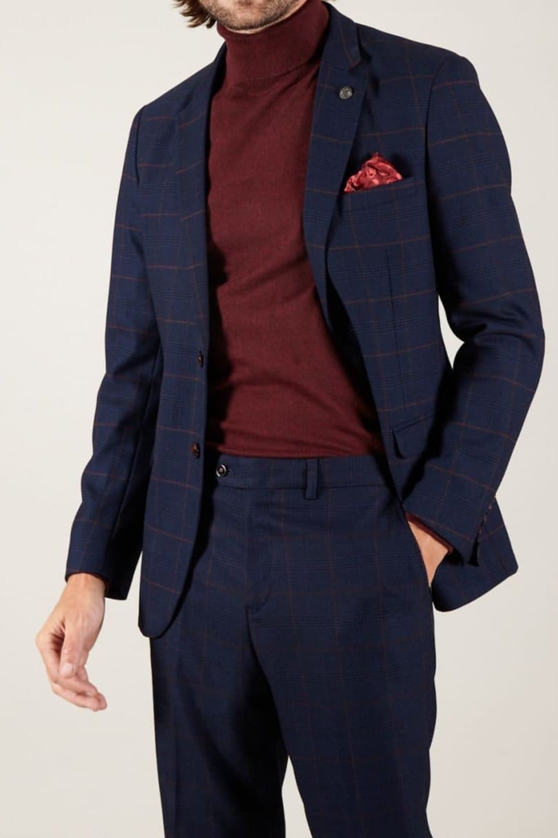 Marc Darcy Edinson Navy Check Blazer for Men - Slim Fit Business Casual Jacket - Perfect for Office, Weddings & Formal Events