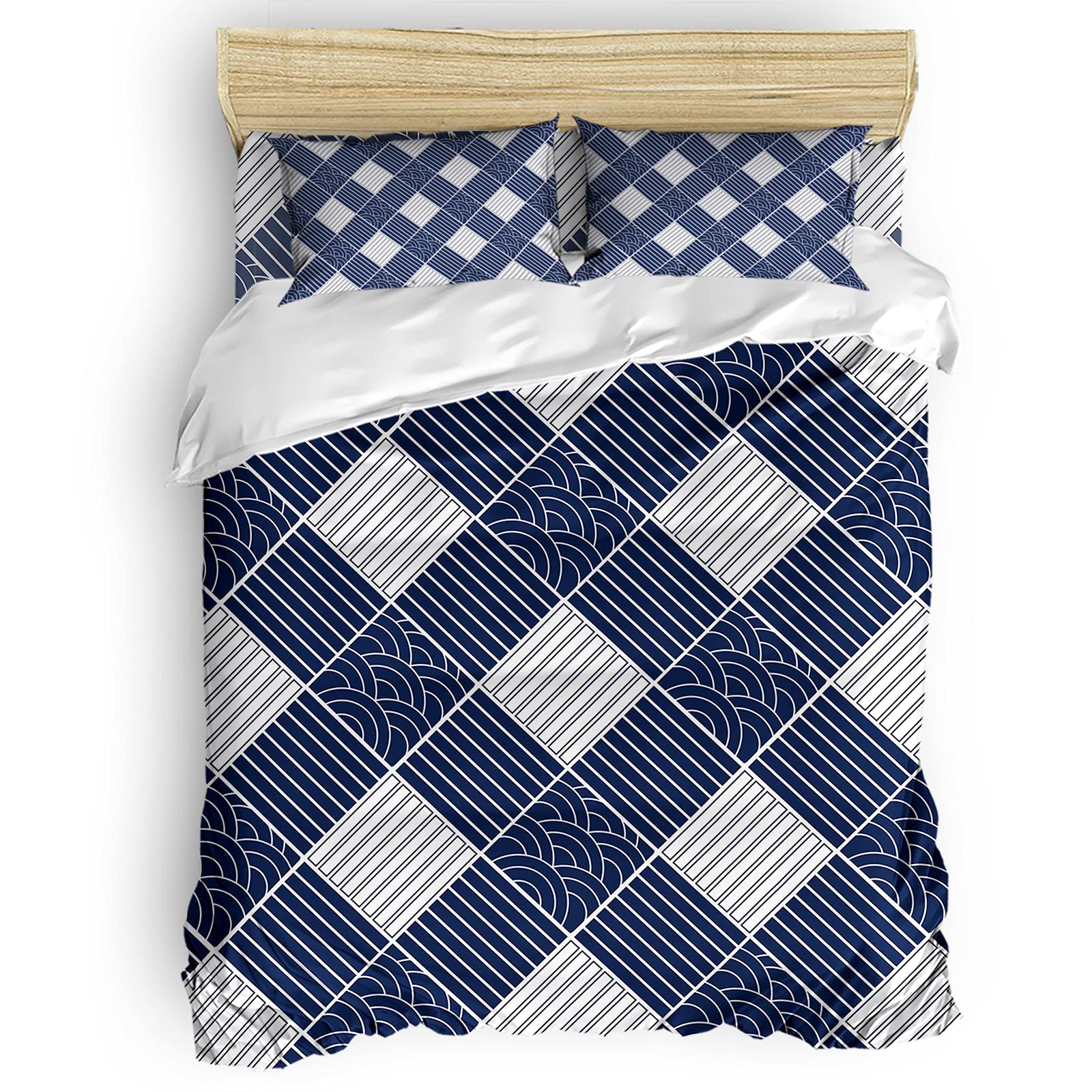 LEOKOTI 4-Piece Queen Size Bedding Set - Blue and White Striped Microfiber Quilt Cover with Pillow Shams, Breathable All-Season Comfort for Bedroom Decor | Perfect for Master Bedroom, Guest Room & Dormitory