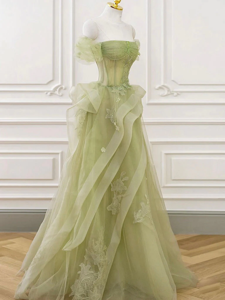 Elegant A-Line Off Shoulder Green Tulle Long Prom Dress 2406 - Perfect for Homecoming, Formal Dances & Special Occasions