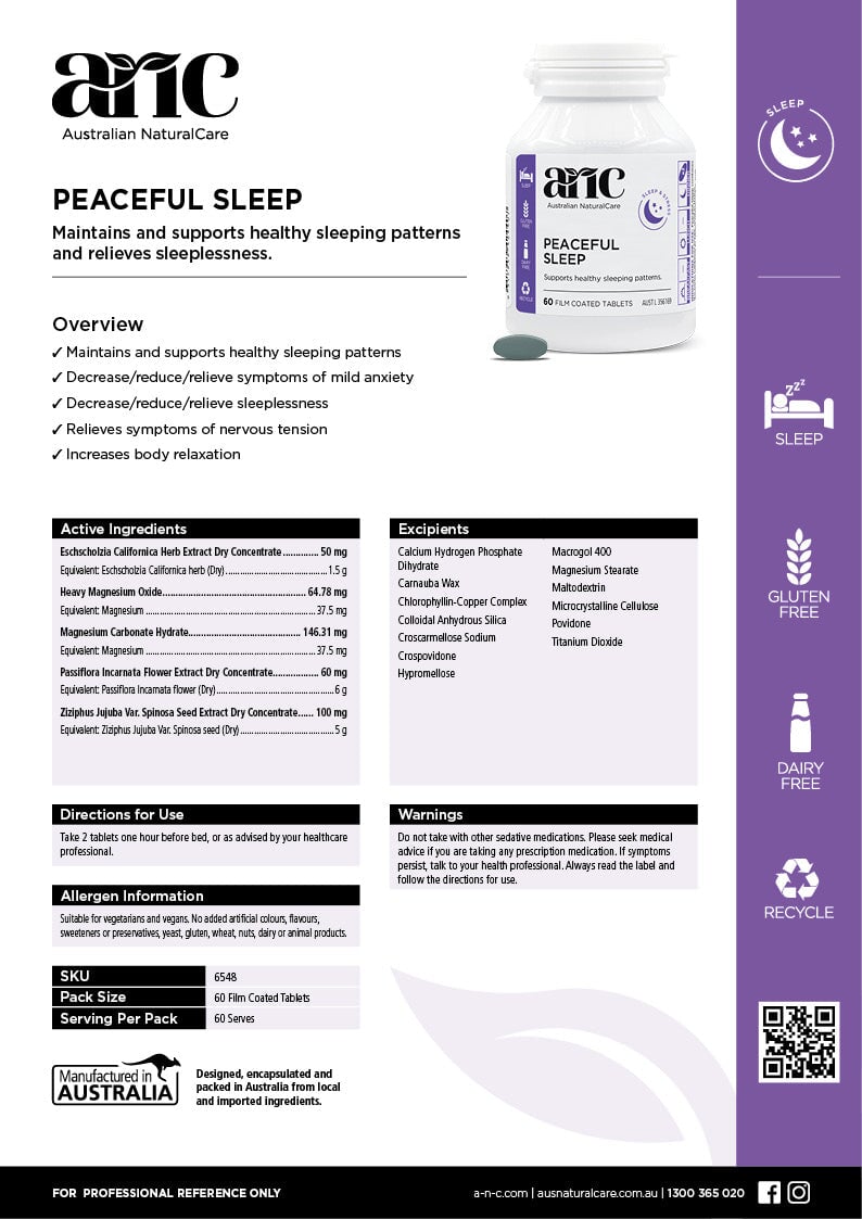 Australian Natural Care Peaceful Sleep Herbal Supplement for Relaxation & Better Sleep - Stress Relief, Calming Aid for Adults - Use Before Bedtime for Deep, Restful Sleep