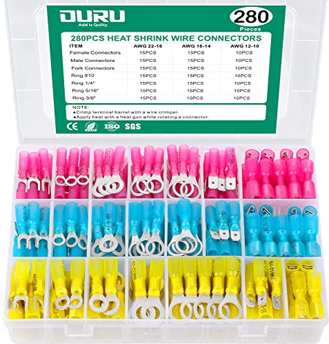 280PCS Marine Grade Heat Shrink Wire Connectors - AWG 22-10 Waterproof Electrical Ring, Fork & Spade Terminals (7 Types/3 Colors) for Automotive, Marine & Home Wiring Applications