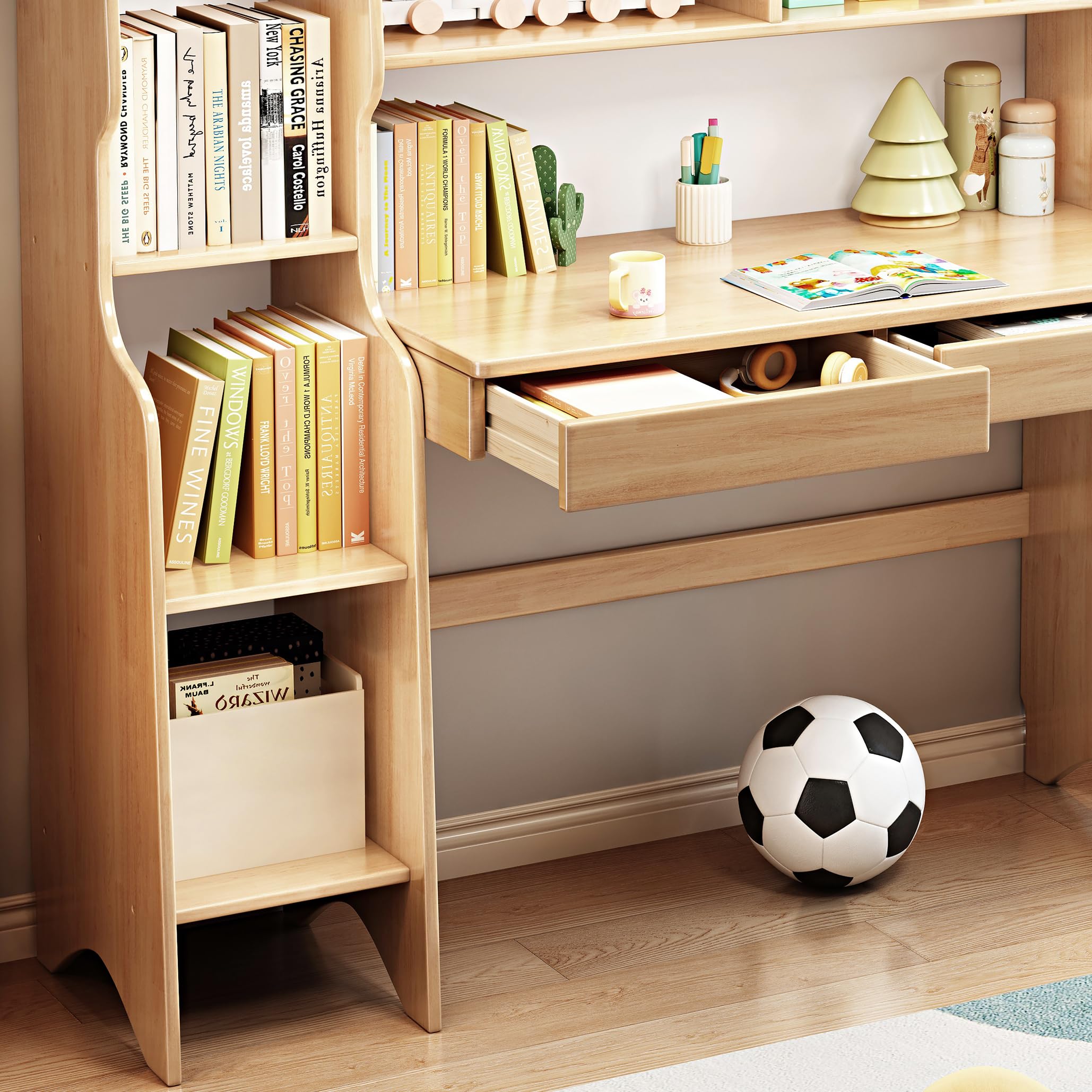 Kids Study Desk with Drawers & Bookshelf - Natural Rubber Wood Children's Learning Table, Computer Workstation & Writing Desk for Home Schooling & Online Classes - Perfect for Homework, Reading & Remote Learning