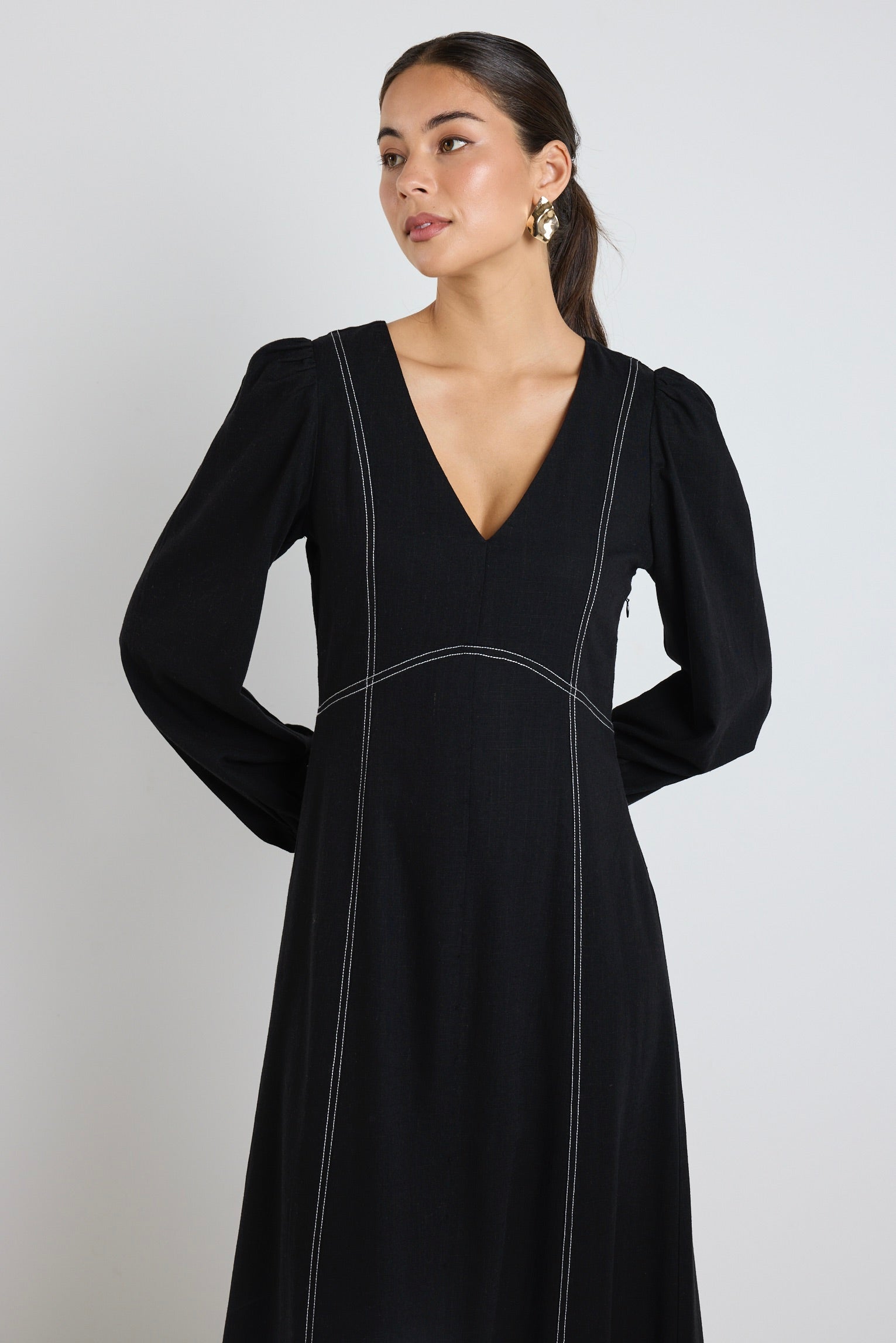 Black LS Contrast Stitch Midi Dress - Women's Elegant Long Sleeve Bodycon Dress for Party, Date Night & Office Wear