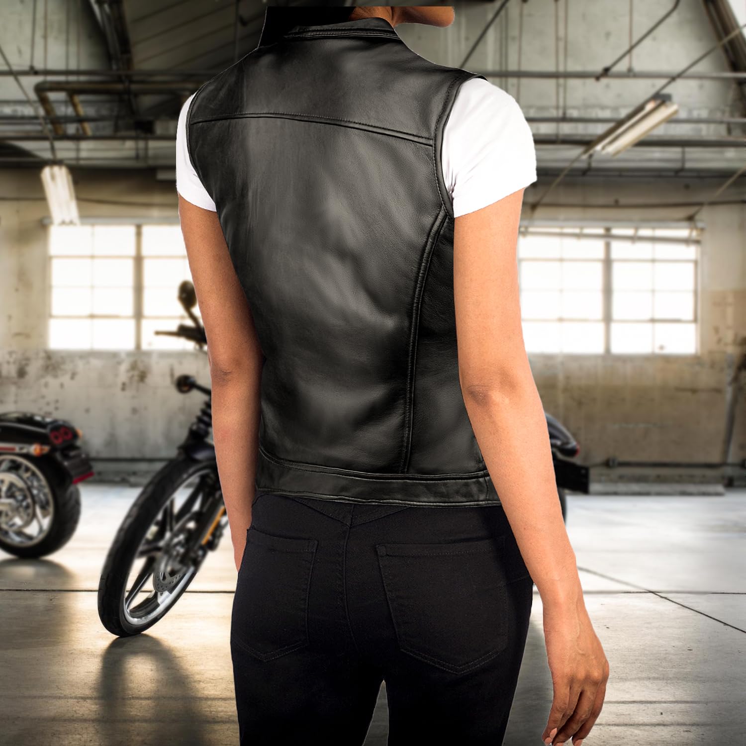 Women's Black Leather Vest for Motorcycle Riding - Classic Biker Style Jacket with Adjustable Fit - Perfect for Harley Davidson Rides, Casual Outfits & Rocker Fashion