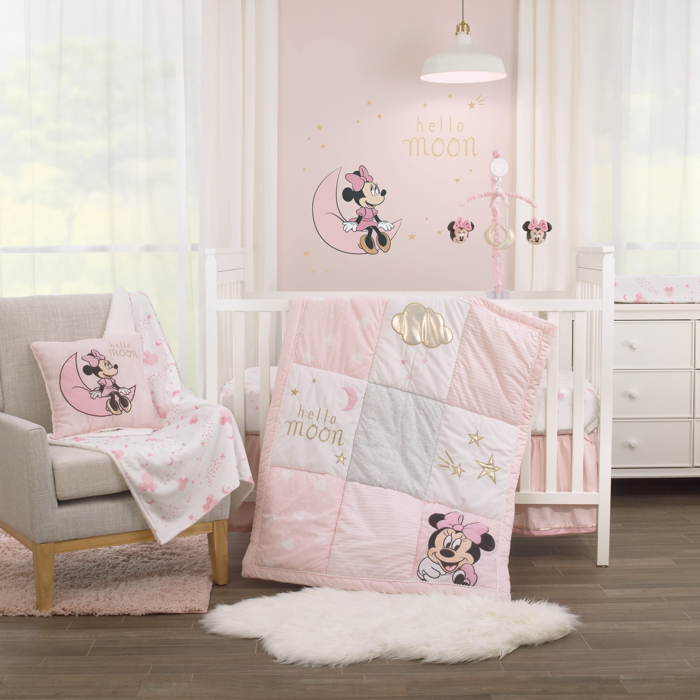 Disney Minnie Mouse 3-Piece Crib Bedding Set - Pink, White & Gold Nursery Decor for Baby Girls | Soft & Safe Baby Bedding for Cribs, Toddler Beds & Nursery Themes