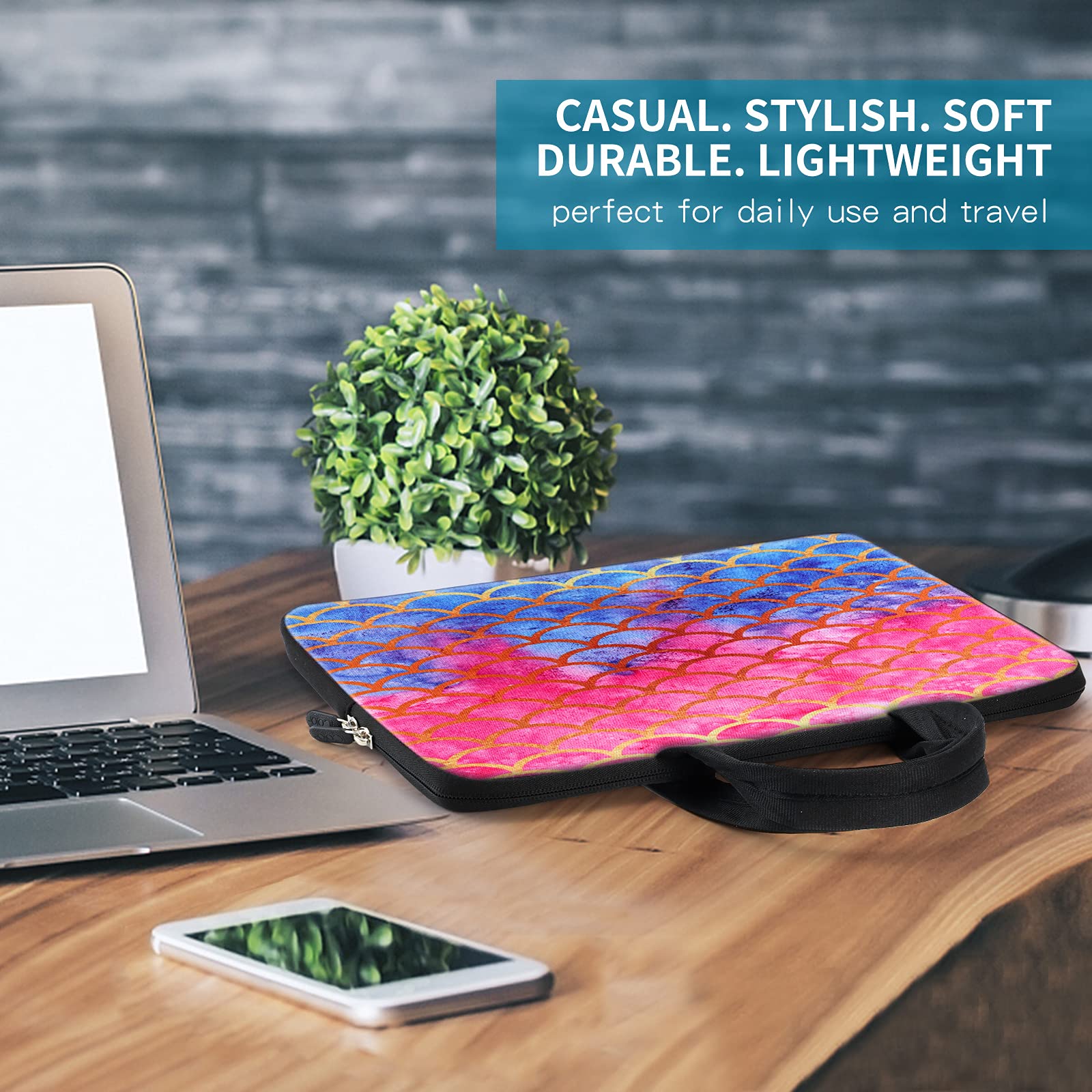 iColor 14 15 15.6 Inch Laptop Sleeve Case - Waterproof Neoprene Chromebook Cover with Handle for MacBook Air Pro, Dell, HP, Acer - Lightweight Travel Computer Bag for Work, School & Business Trips (Mermaid Design ICB-14)
