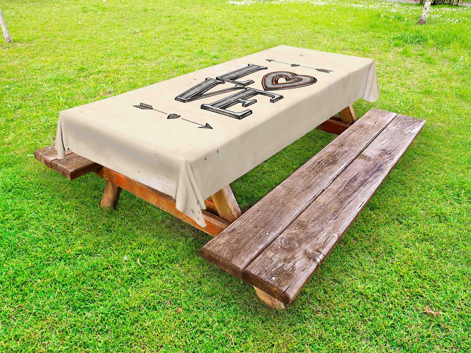 Ambesonne Vintage Love Outdoor Tablecloth - Boho Tribal Hipster Design with Heart Arrows, Washable Picnic Table Cover 58x104 Inches, Beige Grey Orange - Perfect for Garden Parties, BBQs & Picnics