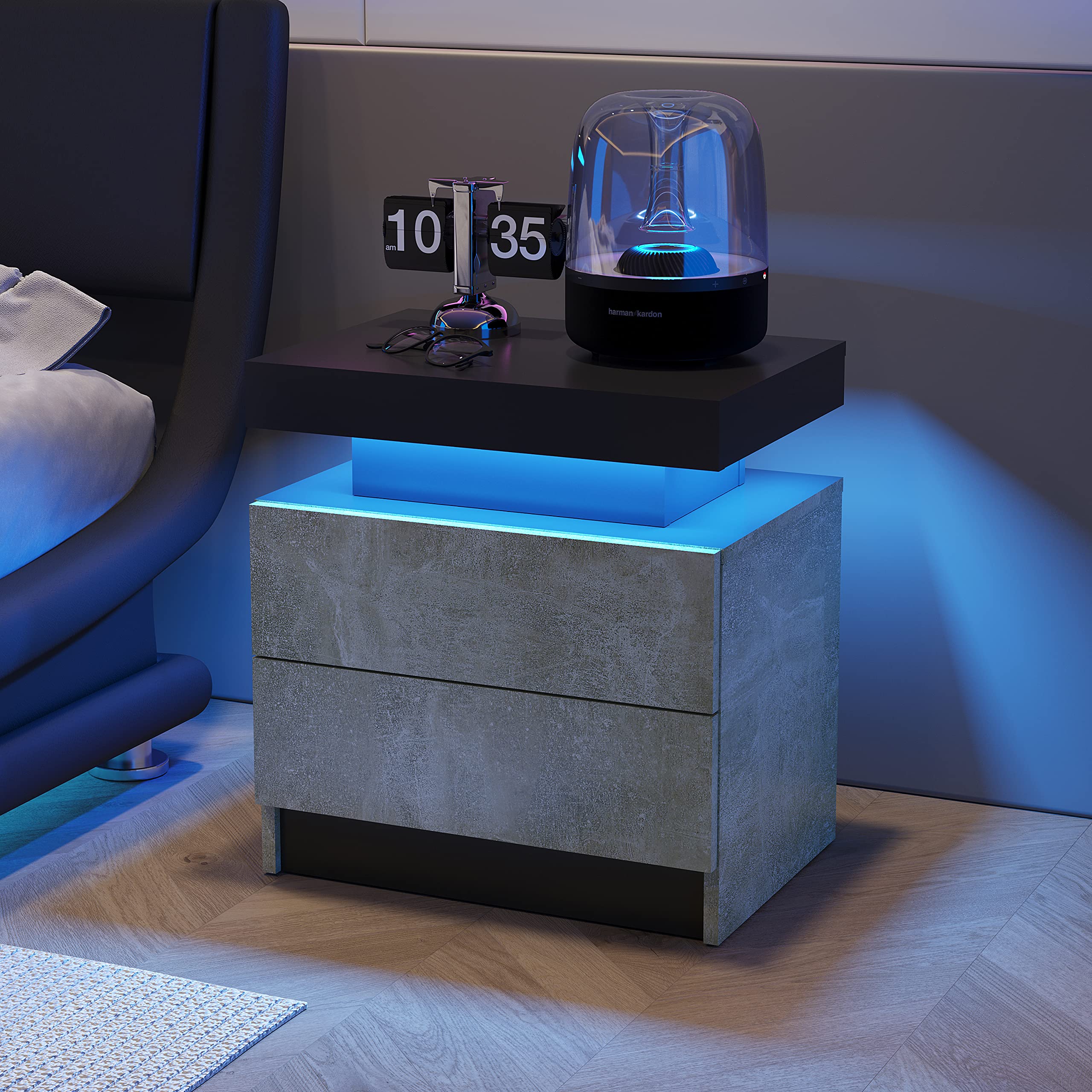 Modern LED Nightstand with 2 Drawers - Grey End Side Table with USB Charging Port | Bedroom & Living Room Furniture for Small Spaces, Apartments & Dorm Rooms