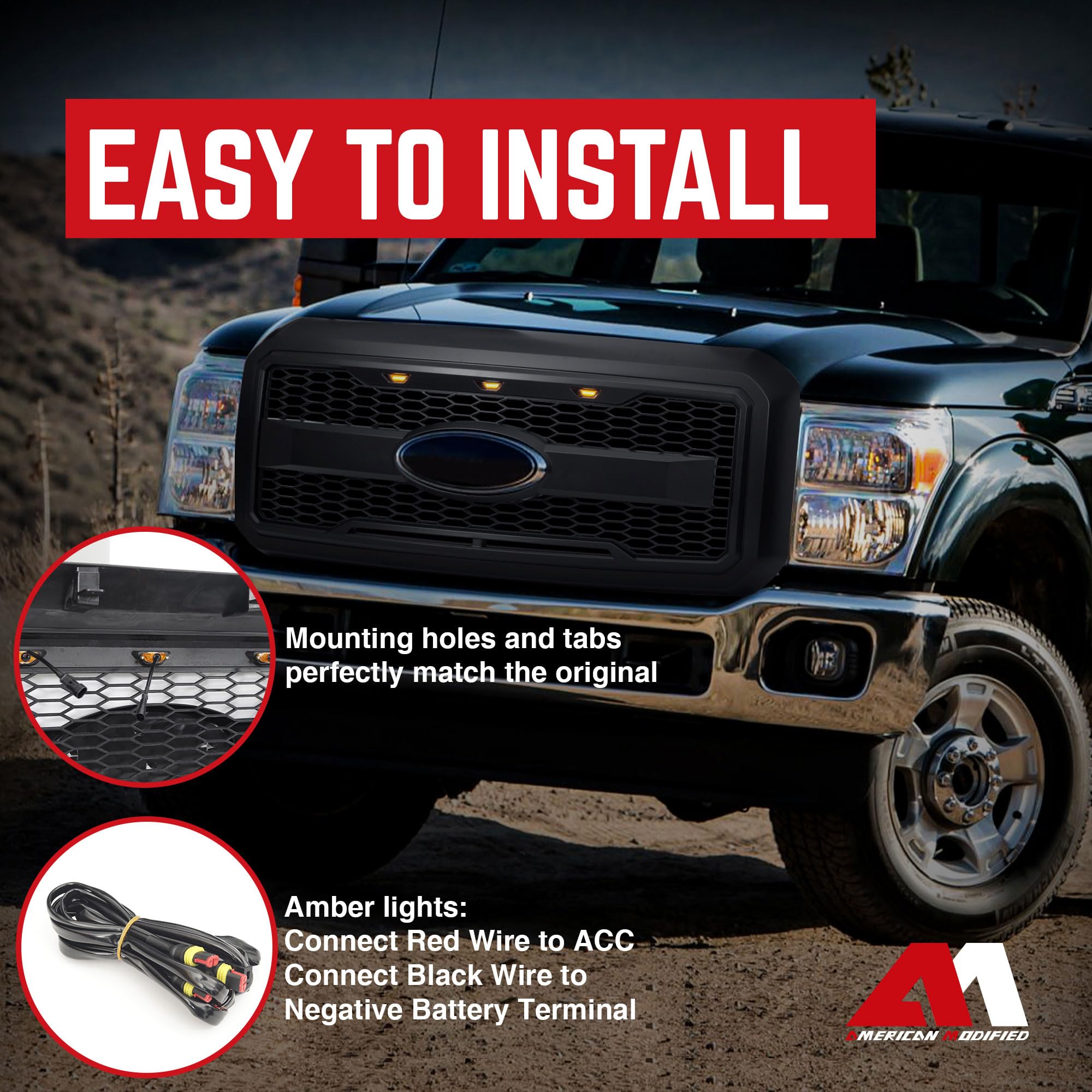 2011-2016 Ford F250 F350 F450 F550 Matte Black Raptor Style Grille with Amber LED Lights | Heavy Duty Truck Front Grille Replacement | Off-Road & Street Legal Upgrade