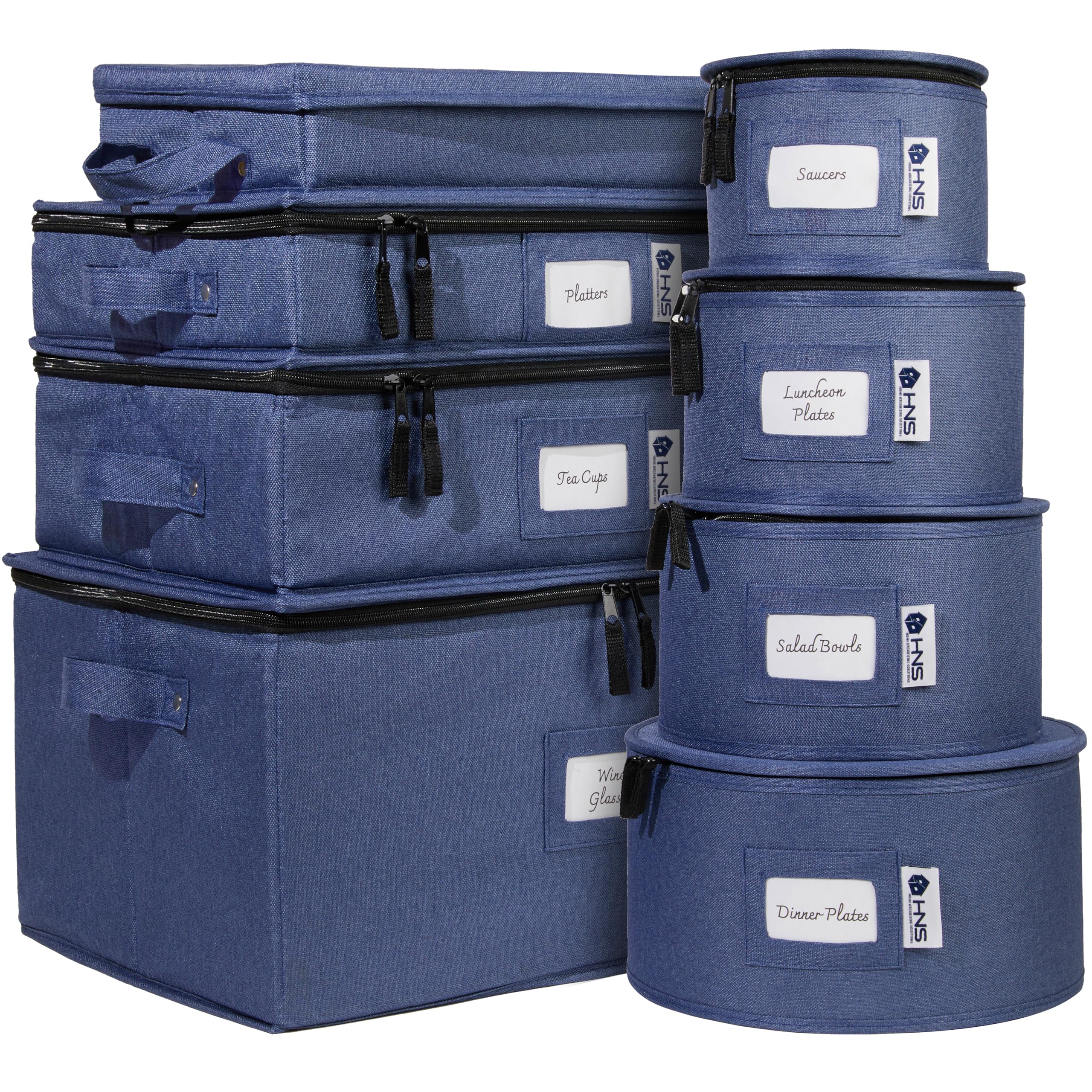 8-Piece Hard Shell Storage Container Set - Durable Moving Boxes for Dinnerware, Glasses, Plates & Mugs with Dividers | Dish Organizer for Seasonal Storage (Serves 12) | Denim Blue | Perfect for Kitchen Organization, Moving Homes & Holiday Dish Storage