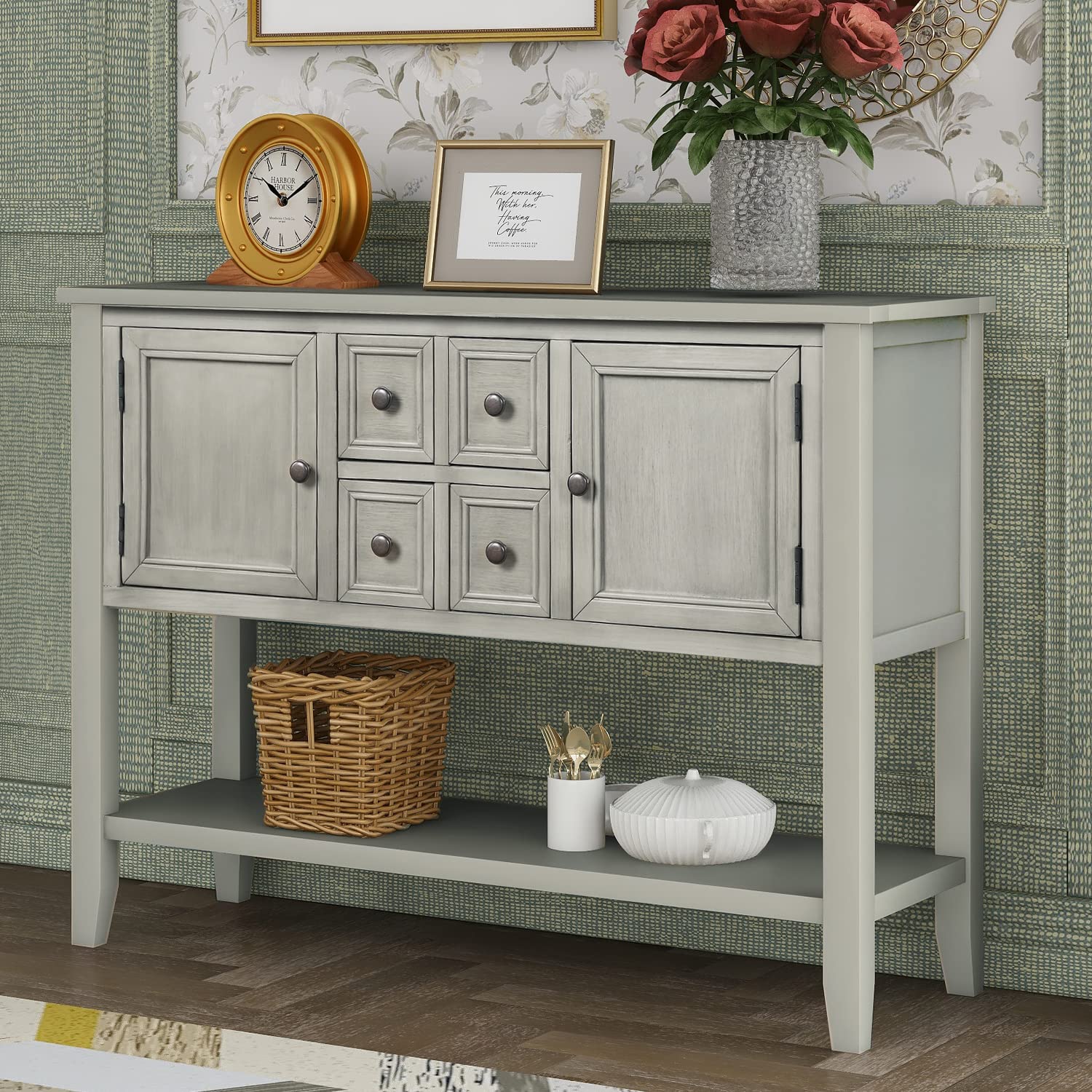 Merax Farmhouse Console Table with Storage Drawers and Shelf - Narrow Wooden Sofa Table with Door for Entryway, Living Room, Dining Room & Kitchen - Perfect for Hallway Decor, Home Organization & Small Space Furniture