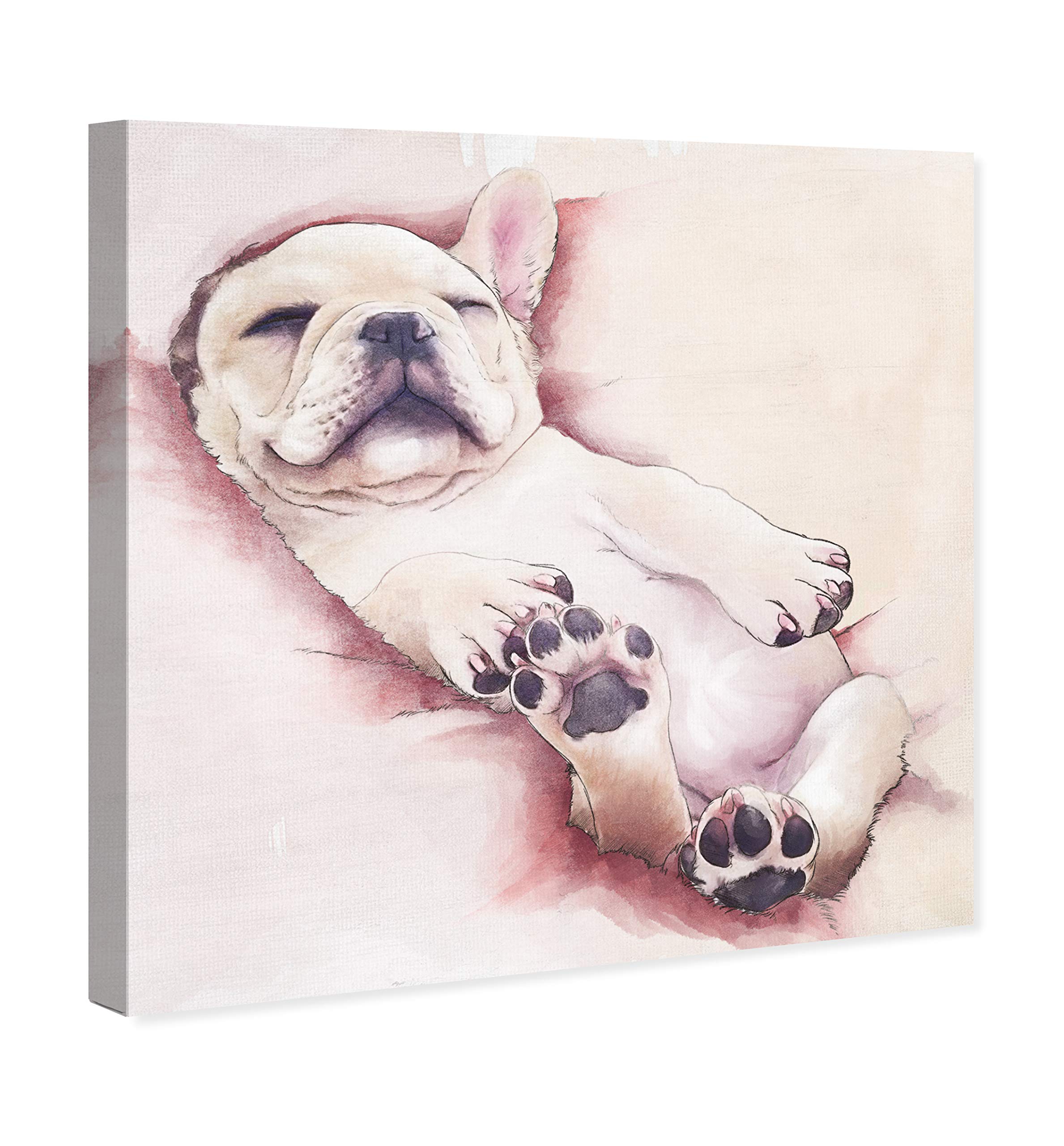 Sleeping Frenchie Dog Wall Art Canvas Print - 12x12 Inch Modern Animal Home Decor in White & Pink | Perfect for Living Room, Bedroom, Nursery & Office Decorations