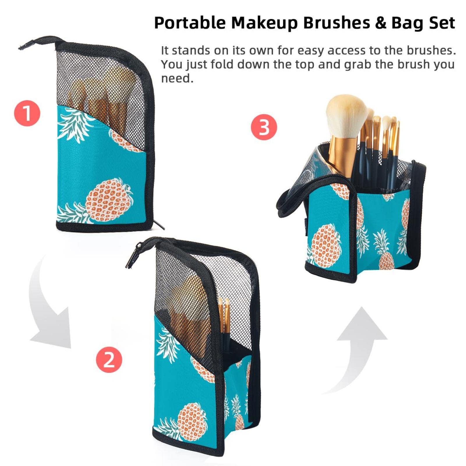12-Piece Makeup Brush Set with Pineapple Print Organizer Bag - Portable Travel Cosmetic Brush Holder Case for Professional & Home Makeup Application