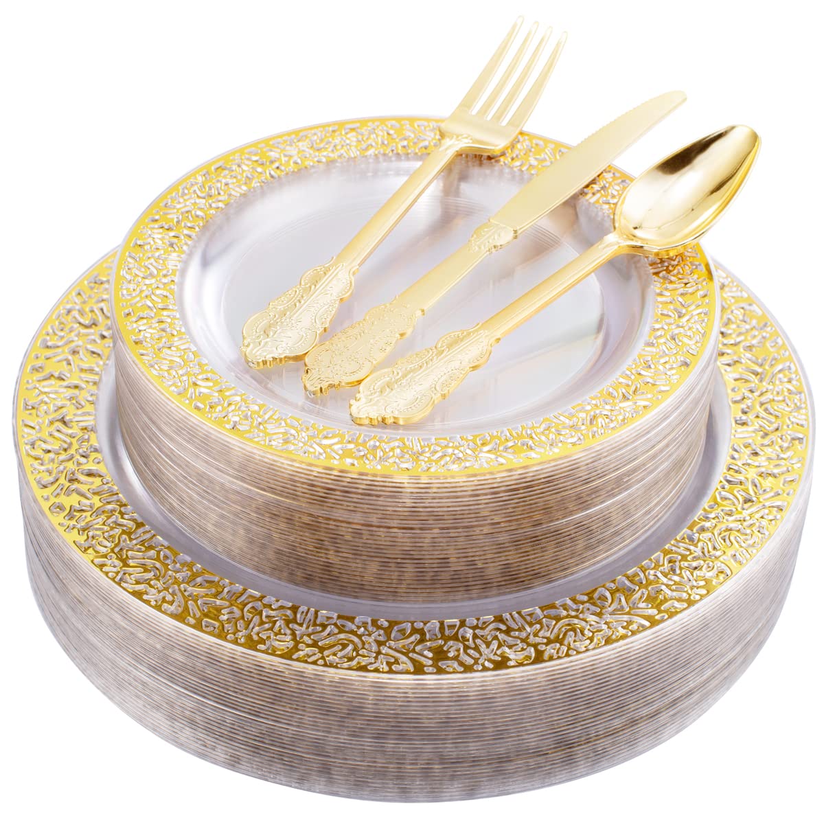 150-Piece Clear Gold Lace Plastic Party Plates Set - 30 Dinner Plates, 30 Dessert Plates & 90 Gold Silverware - Elegant Disposable Tableware for Birthday, Wedding, Anniversary & Holiday Celebrations - Perfect for Indoor/Outdoor Events, Catering & Special Occasions