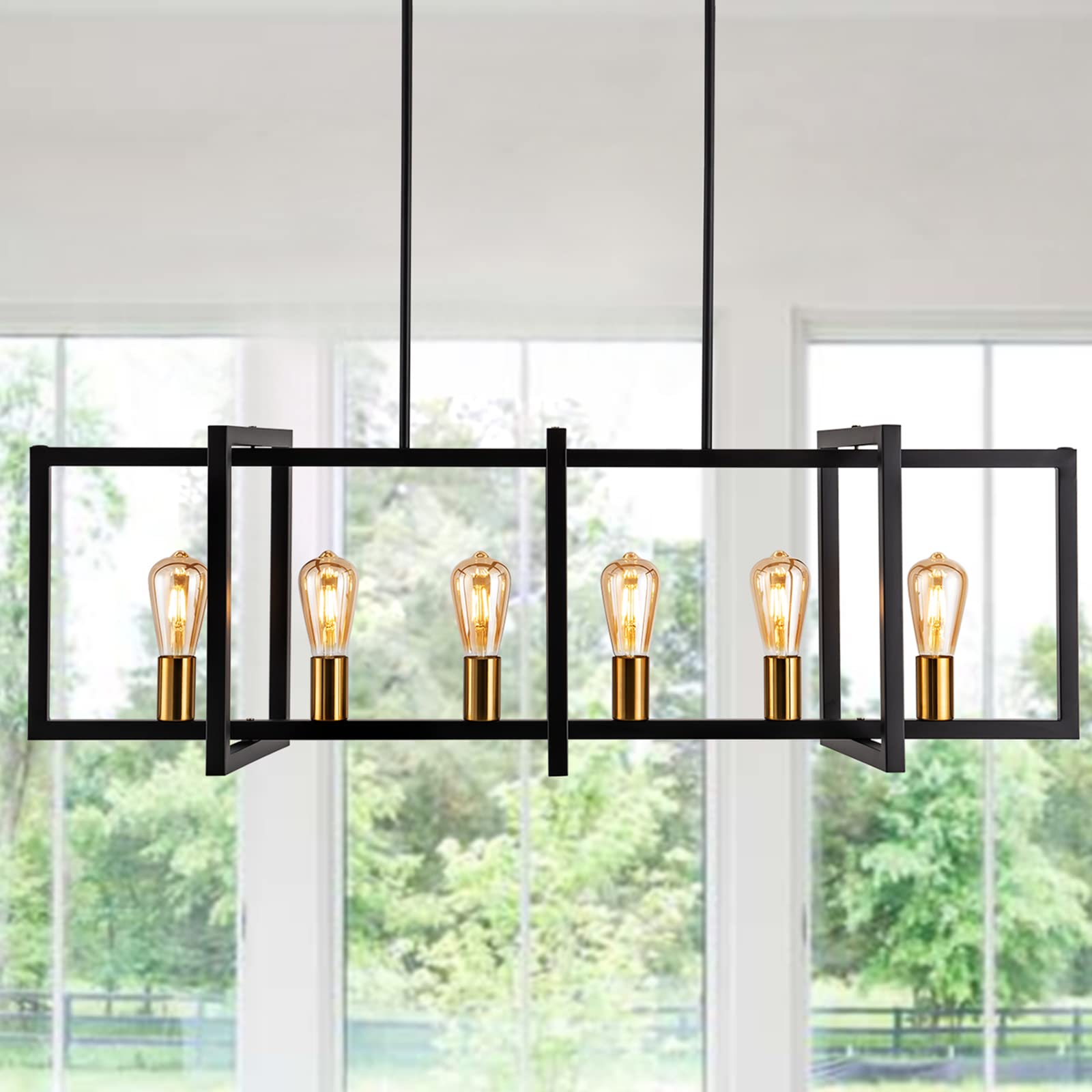 Vintage Industrial 6-Light Linear Chandelier - Matte Black Kitchen Island Pendant Lighting with Antique Brass Sockets for Dining Room, Coffee Bar & Restaurant | Perfect for Farmhouse, Loft & Commercial Spaces