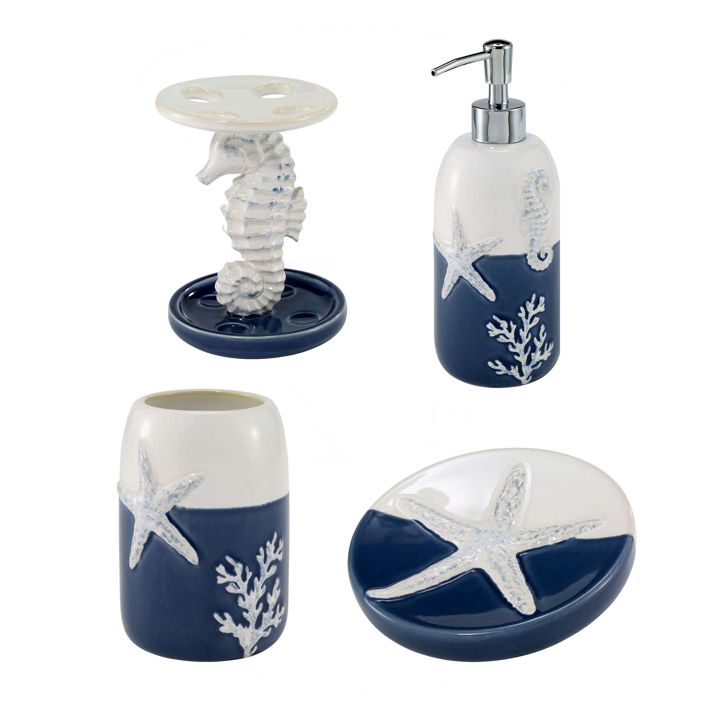 Avanti Linens 4-Piece Bathroom Accessory Set | Ocean Inspired Batik Coastal Decor | Matching Soap Dispenser, Toothbrush Holder, Tumbler & Tray | Perfect for Coastal, Beach House or Nautical Themed Bathrooms