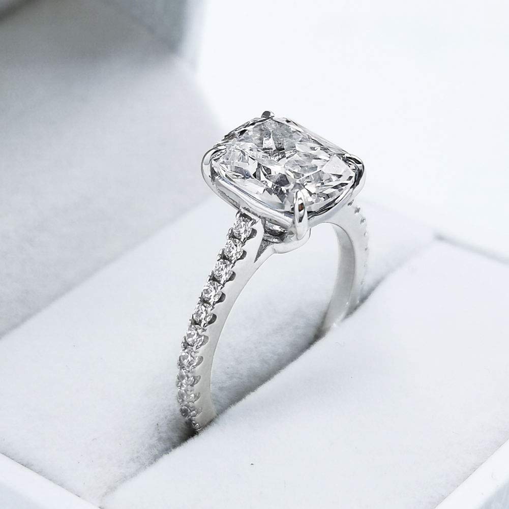 Bo.Dream 3ct Cushion Cut Cubic Zirconia Engagement Ring - Platinum Plated Sterling Silver Wedding Band for Women | Perfect for Proposals, Anniversaries & Bridal Jewelry