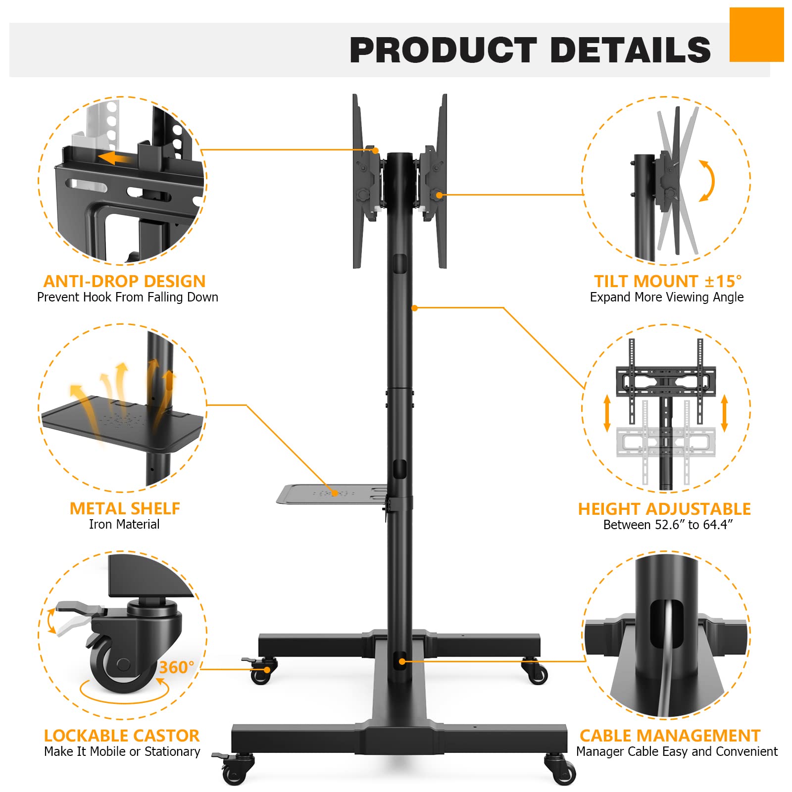 5Rcom Mobile TV Cart with Wheels for 32-55 Inch LCD LED 4K Flat/Curved TVs - Adjustable Height & Tilt Rolling TV Stand with Laptop Shelf, Holds 132 lbs - Perfect for Home Theater, Office Conference Rooms & Gaming Setups