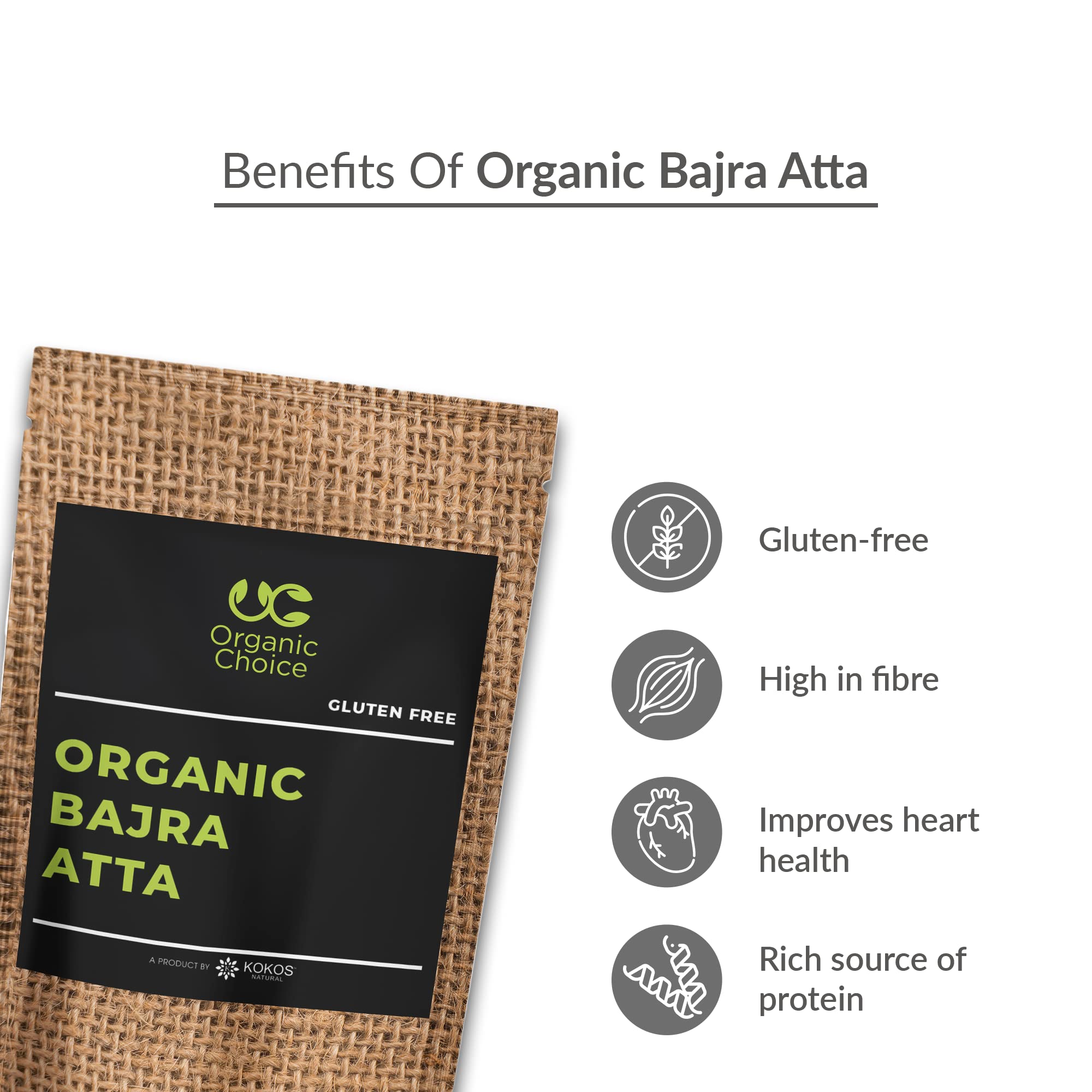 Organic Kokos Ayur Bajra Atta (Pearl Millet Flour) 1kg - USDA Certified, Gluten-Free, Rich in Fiber - Perfect for Roti, Dosa & Healthy Baking