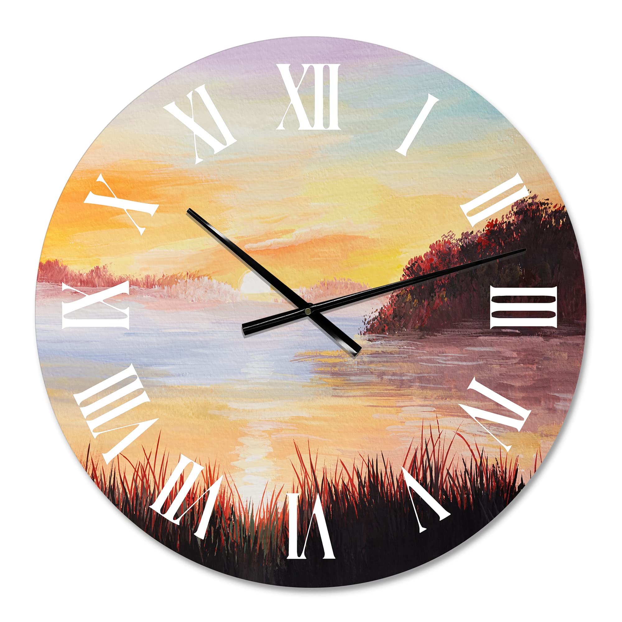 Nautical Coastal Wall Clock 'On The Lake with The Reeds' - Large Landscape Nature Wall Clock for Home, Office & Living Room Decor - Perfect for Beach House, Lakeside Cabin or Coastal-Themed Interior Design