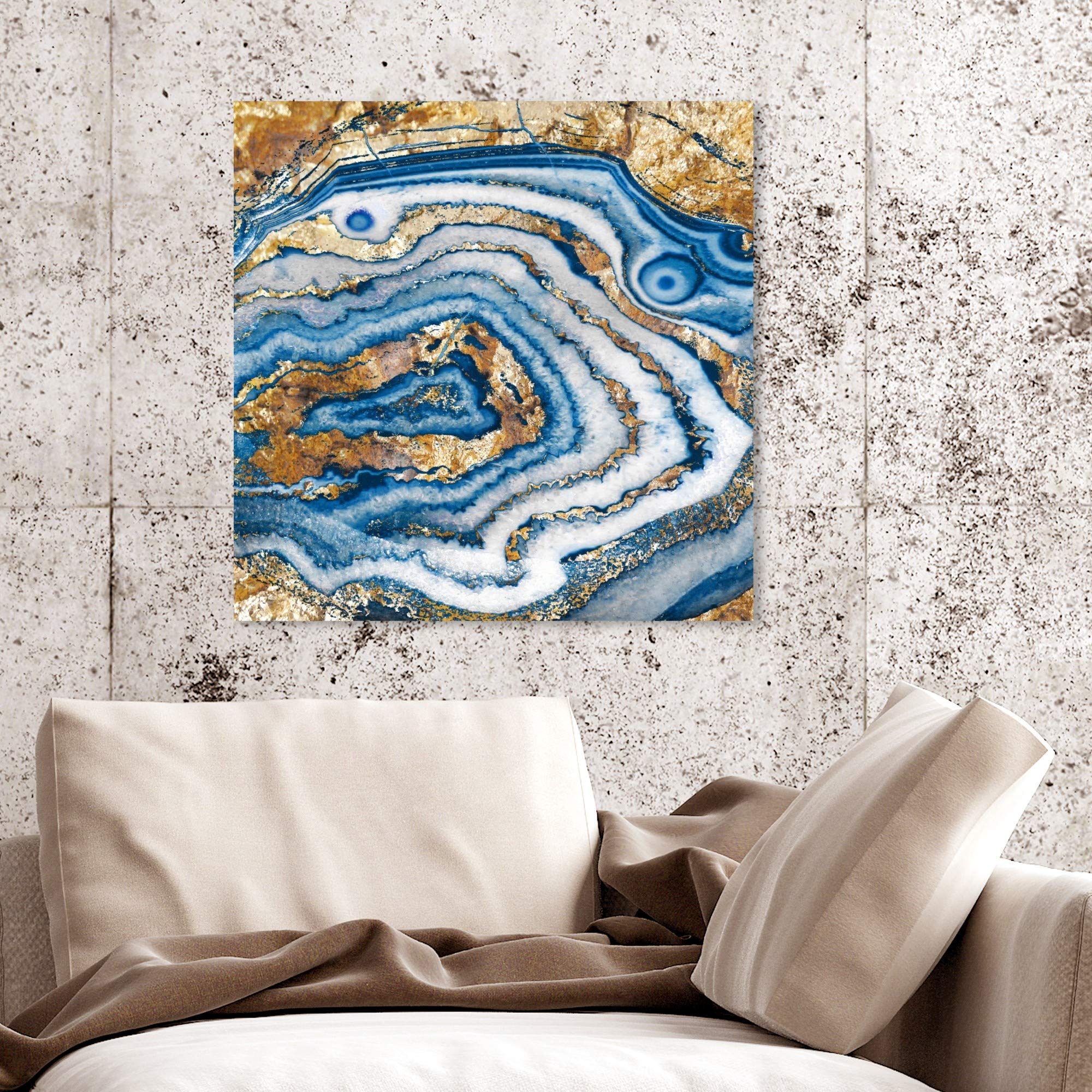 Abstract Wall Art Canvas Print 'Bleu Agate' - 20x20 Inch Blue & Gold Modern Home Decor - Perfect for Living Room, Bedroom or Office Decoration