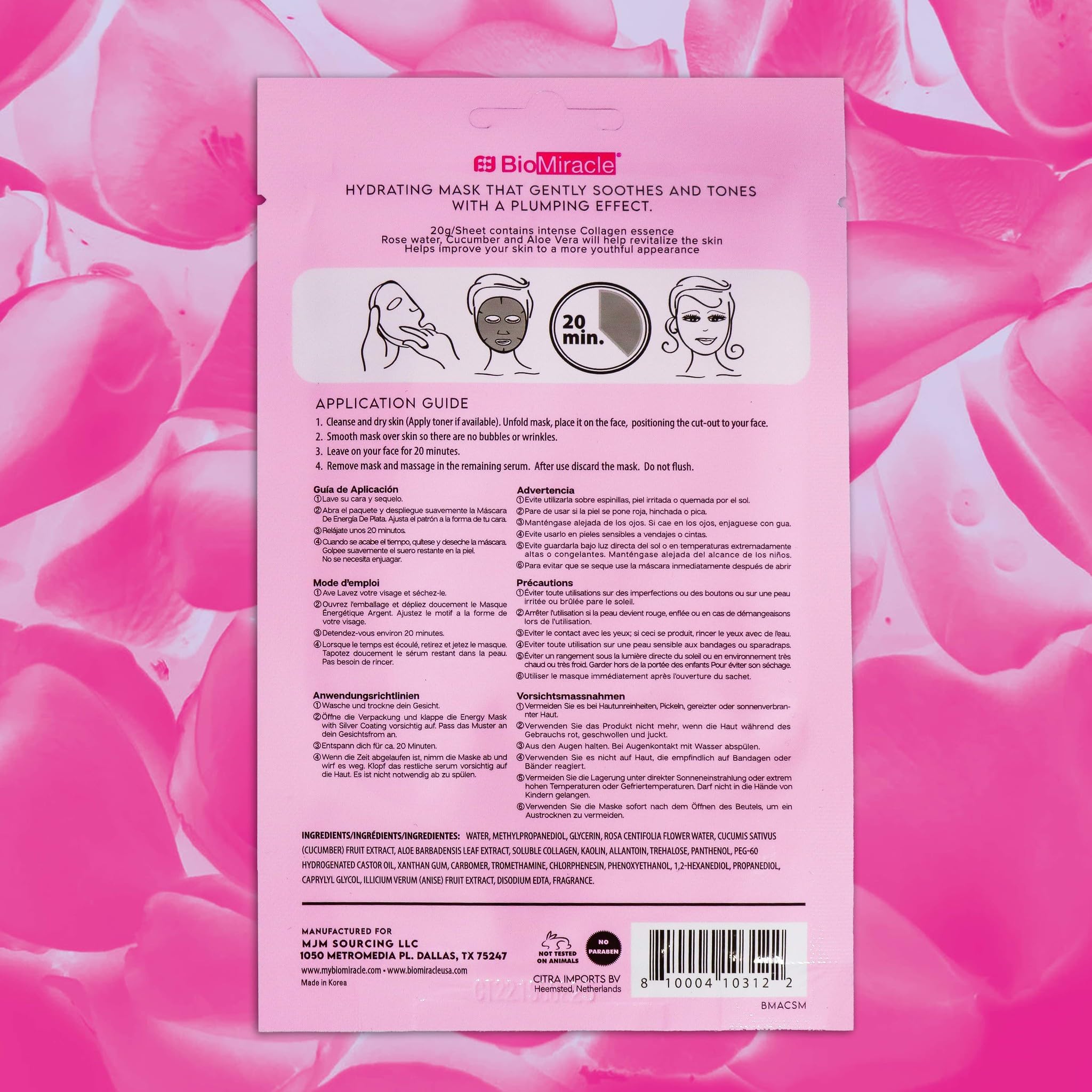 BioMiracle Moisturizing & Firming Collagen Sheet Mask - Infused with Pink Clay, Rose Water, Cucumber & Aloe Vera | Natural Extracts, Paraben-Free | Soothes & Tones Skin | 10 Sheet Pack for Spa Day & Self-Care Routine