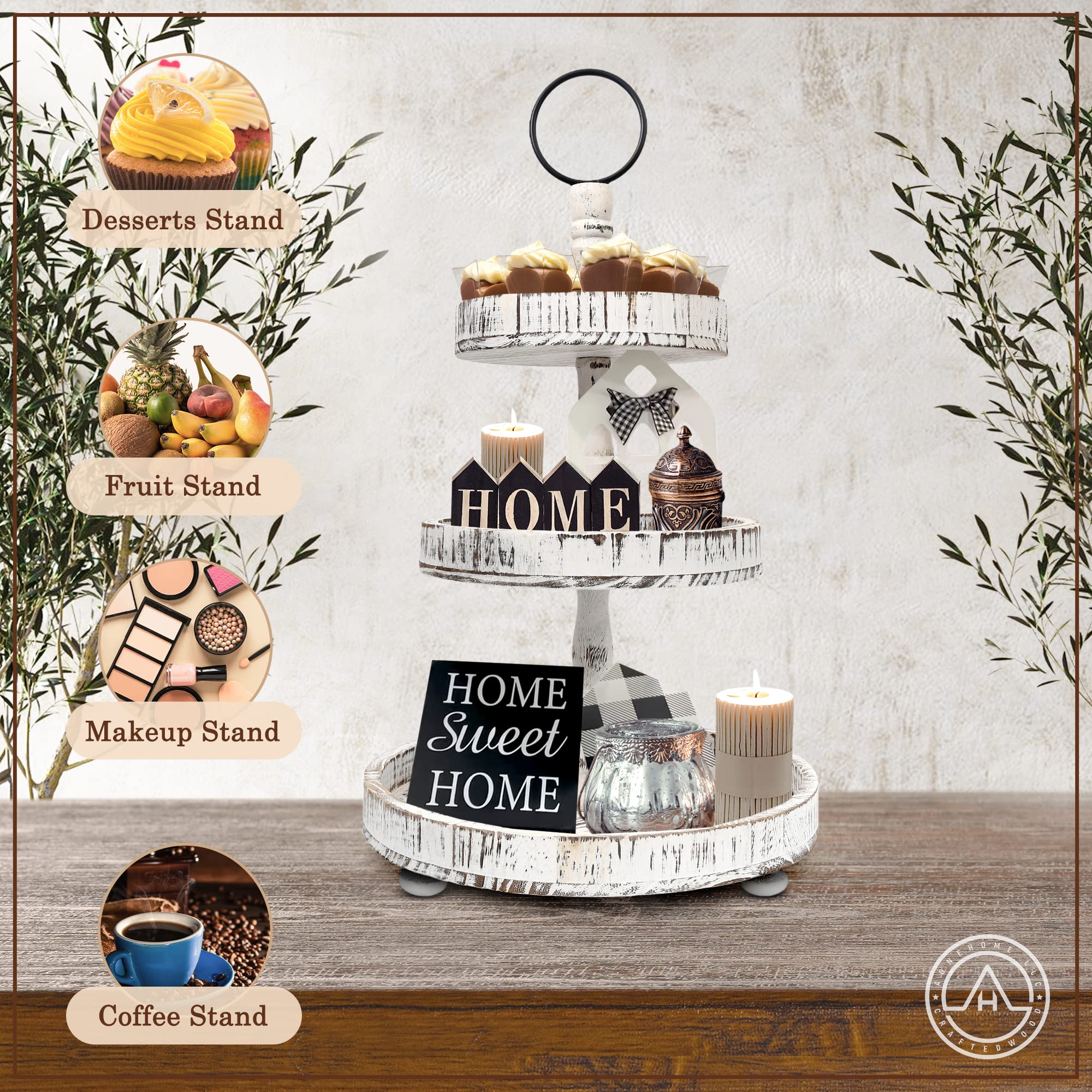Farmhouse Style 3-Tier Adjustable Serving Tray Stand - White Decorative Tiered Tray for Cupcakes, Cake Pops & Desserts - Perfect for Thanksgiving, Christmas & Holiday Parties, Kitchen Display & Home Decor